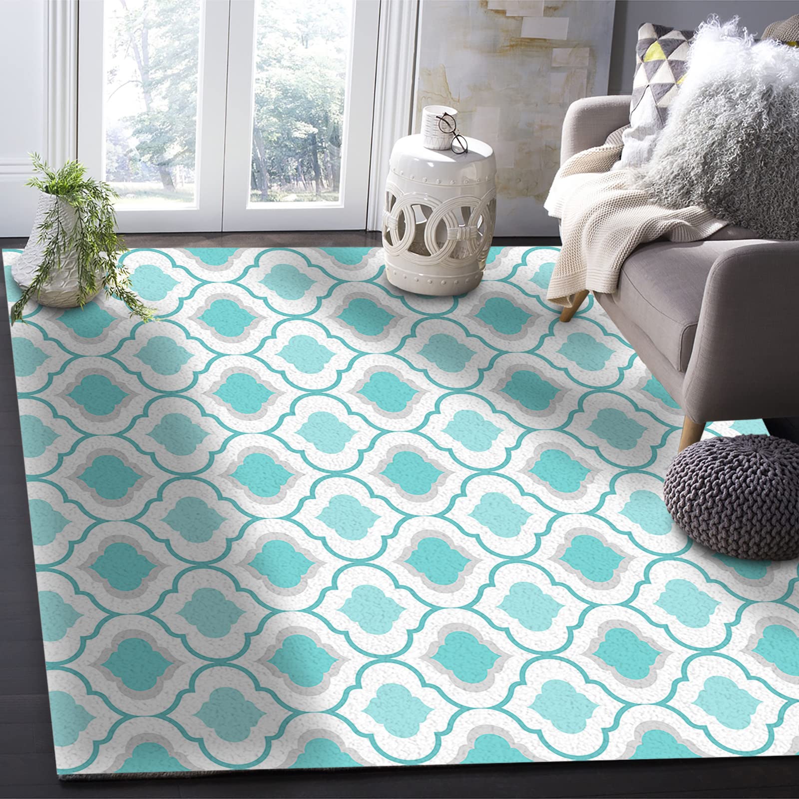 4' x 6' Blue Green Moroccan Quatrefoil Area Rug - Non-Slip Durable Rectangular Carpet for Living Room, Bedroom & Outdoor Use - Geometric Lattice Design Home Decor Floor Mat