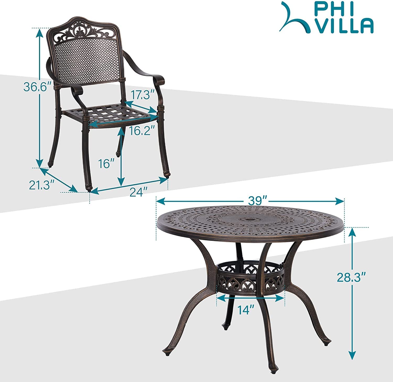 PHI VILLA 5-Piece Outdoor Patio Dining Set - Golden Bronze Cast Aluminum Round Table with 4 Chairs for Backyard, Garden & Poolside | Durable Weather-Resistant Furniture for Entertaining & Relaxation
