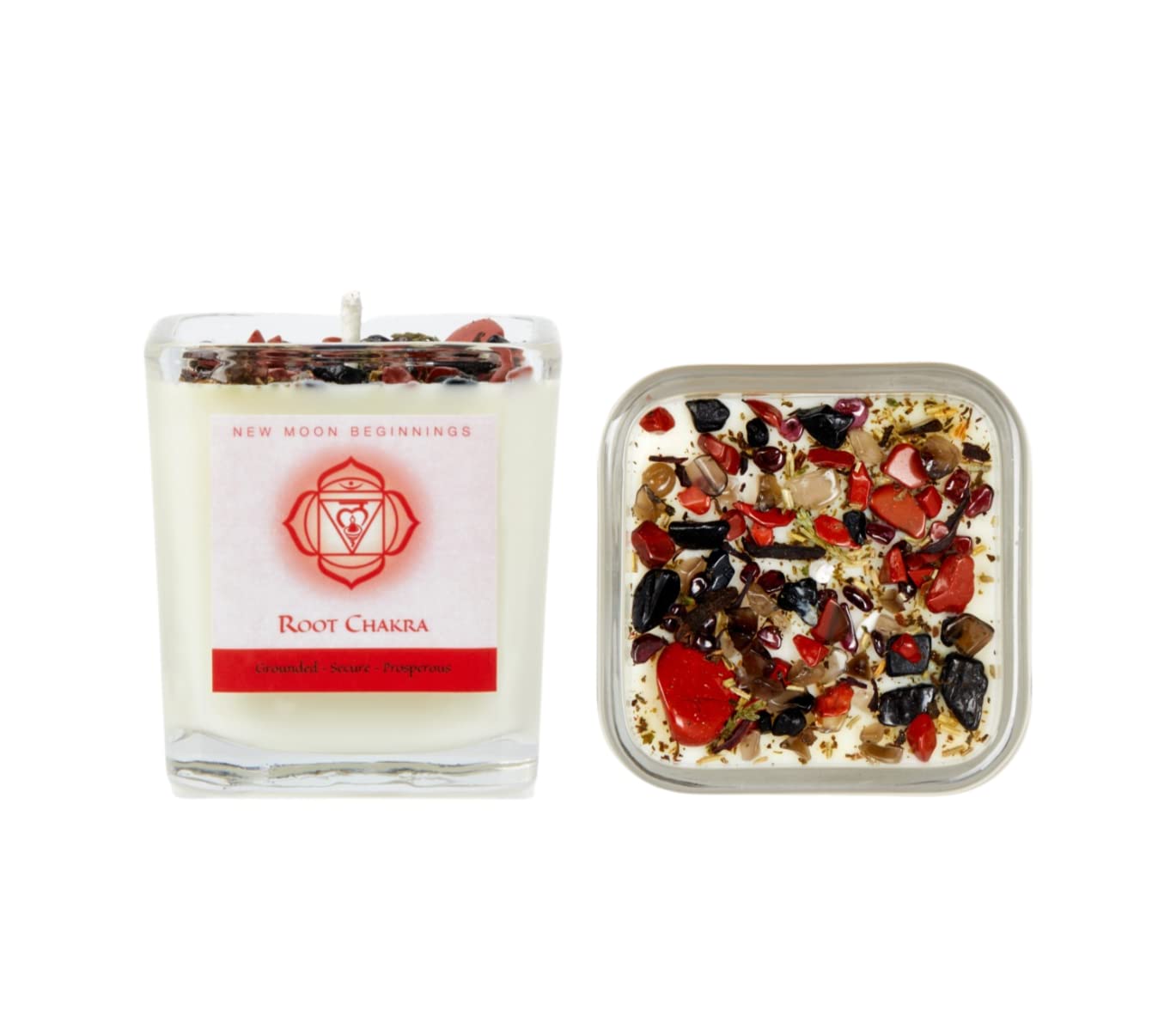 New Moon Beginnings Root Chakra Candle - Natural Soy Wax Aromatherapy Candle with Crystals & Herbs for Chakra Balancing | Perfect for Meditation, Yoga & Spiritual Healing