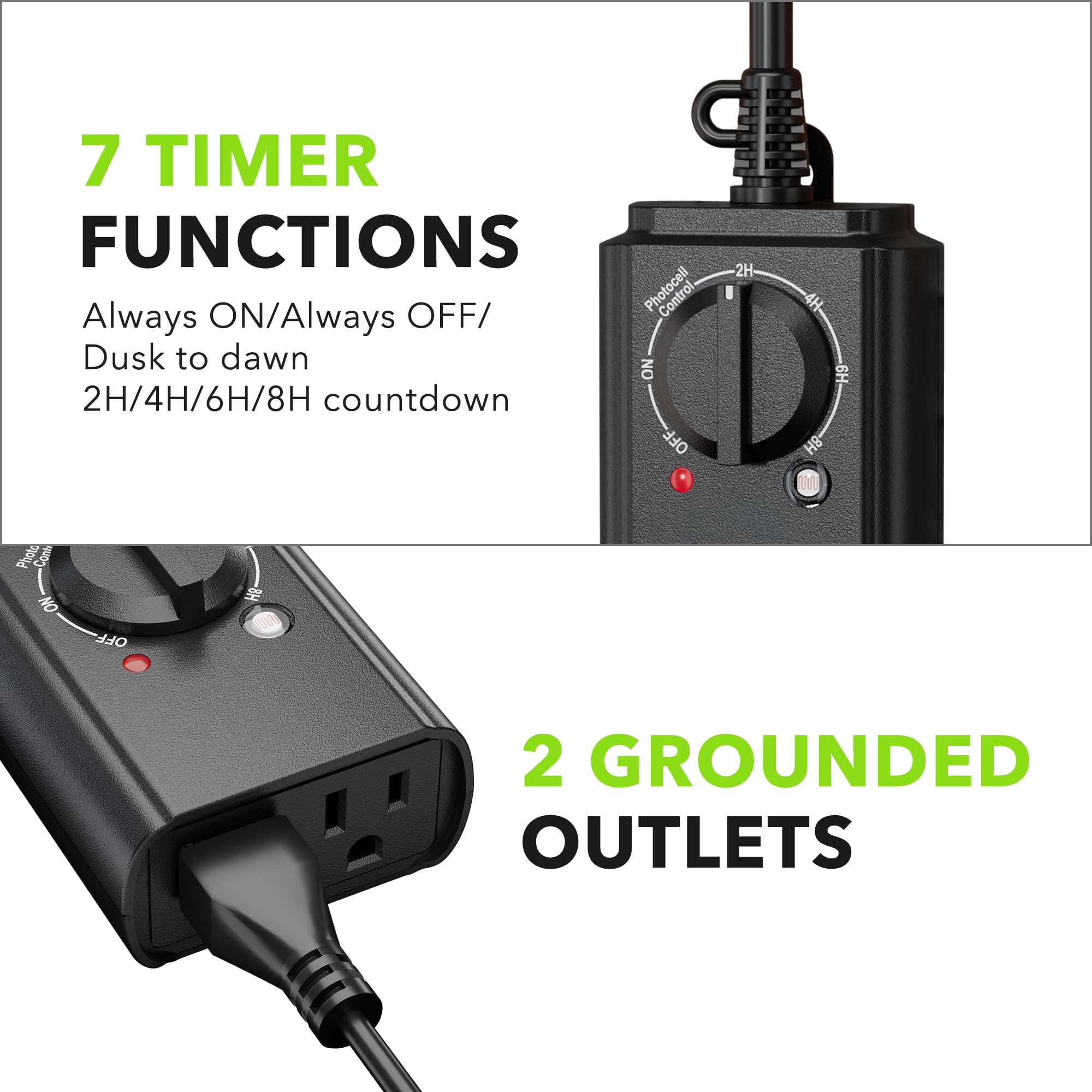 BN-LINK Outdoor 24-Hour Timer with Photocell Light Sensor - Waterproof Countdown Timer (2/4/6/8 Hours Mode) - Weatherproof Electrical Outlet Timer for Garden Lights, Holiday Decorations & Pool Pumps - 2 Pack Grounded Outlets for Home & Outdoor Use