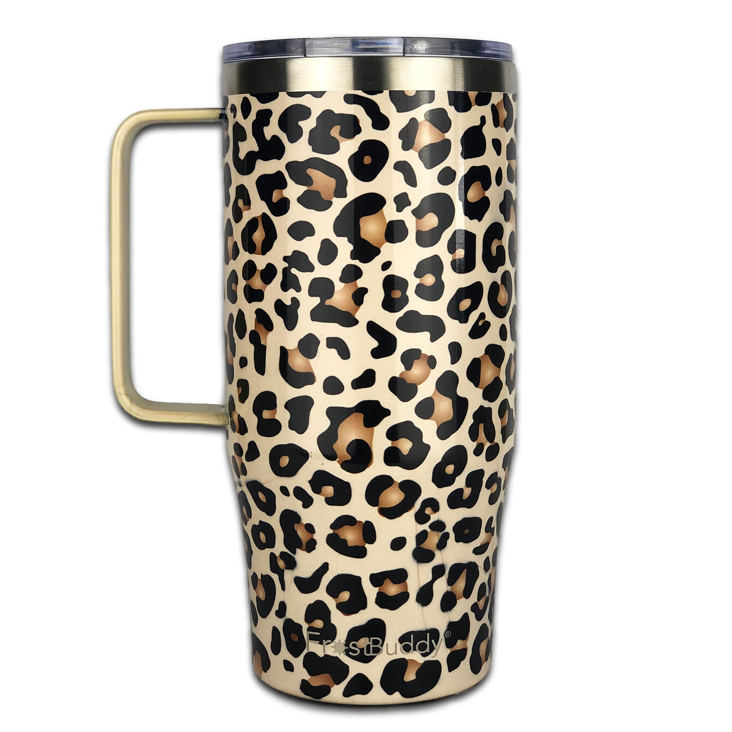Frostbuddy Insulated Travel Coffee Mug with Handle & Lid - Leopard Print Stainless Steel Thermos for Hot & Cold Drinks - Perfect for Commuting, Camping, Office & Outdoor Adventures