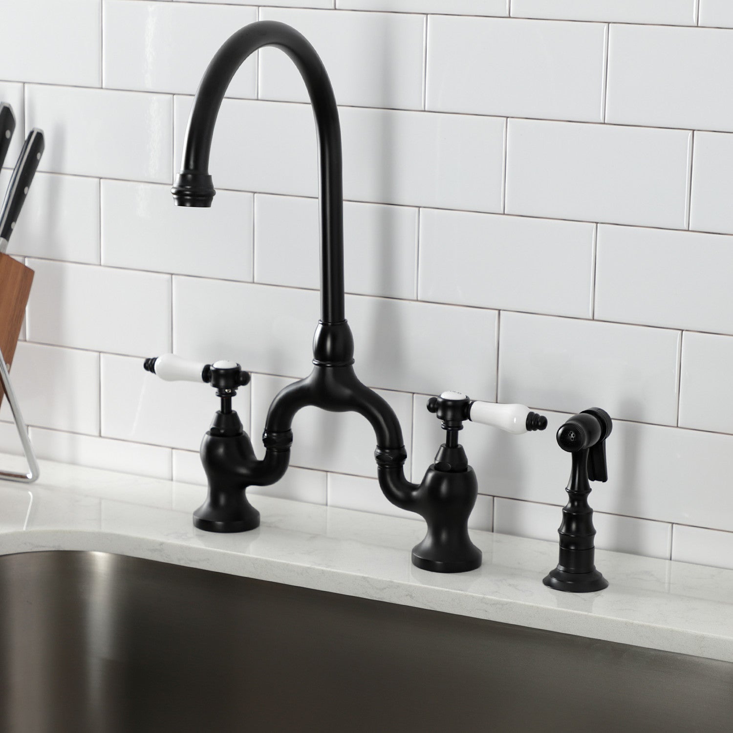 Bel Air KS7790BPLBS Matte Black Two-Handle 3-Hole Deck Mount Bridge Kitchen Faucet with Brass Side Sprayer - Perfect for Modern Farmhouse & Industrial Style Kitchens