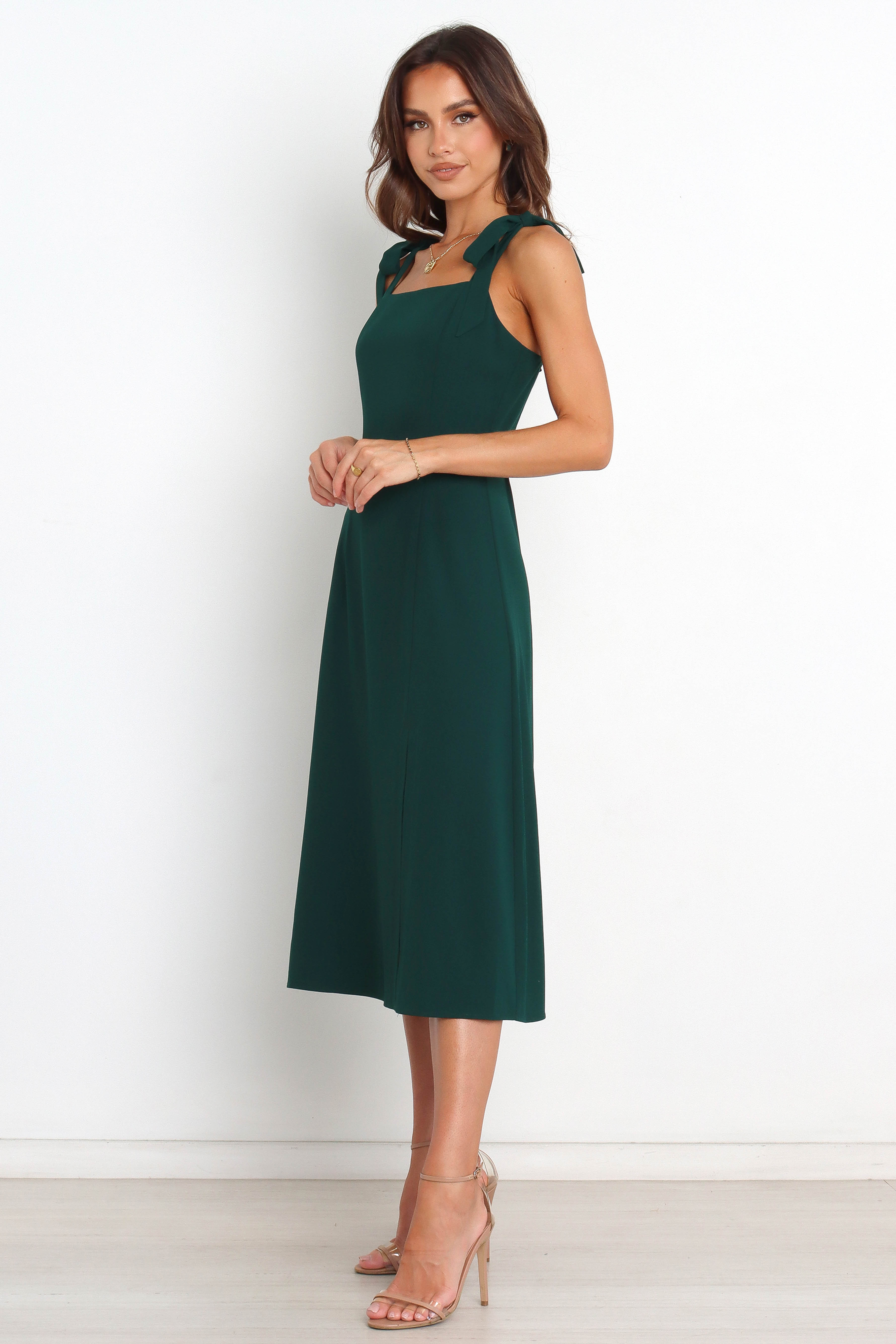 Laurel Dress in Emerald Green - Elegant Women's Midi Dress for Casual Wear, Office, and Special Occasions