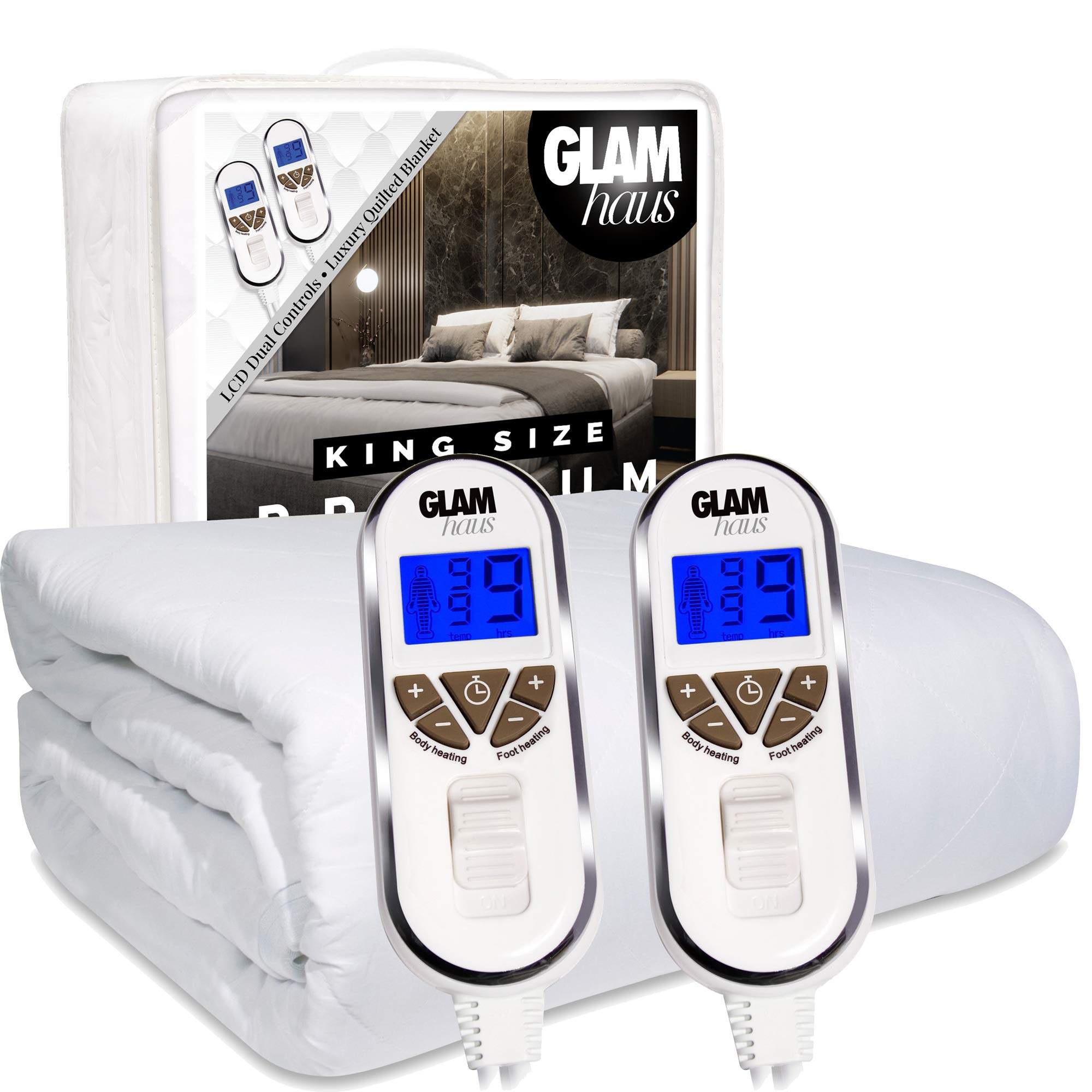 GlamHaus King Size Electric Blanket with Dual Control - Premium White Diamond Quilted Heated Mattress Pad with Elastic Skirt - 10 Heat & Timer Settings - Machine Washable - Perfect for Winter Warmth & Cozy Nights