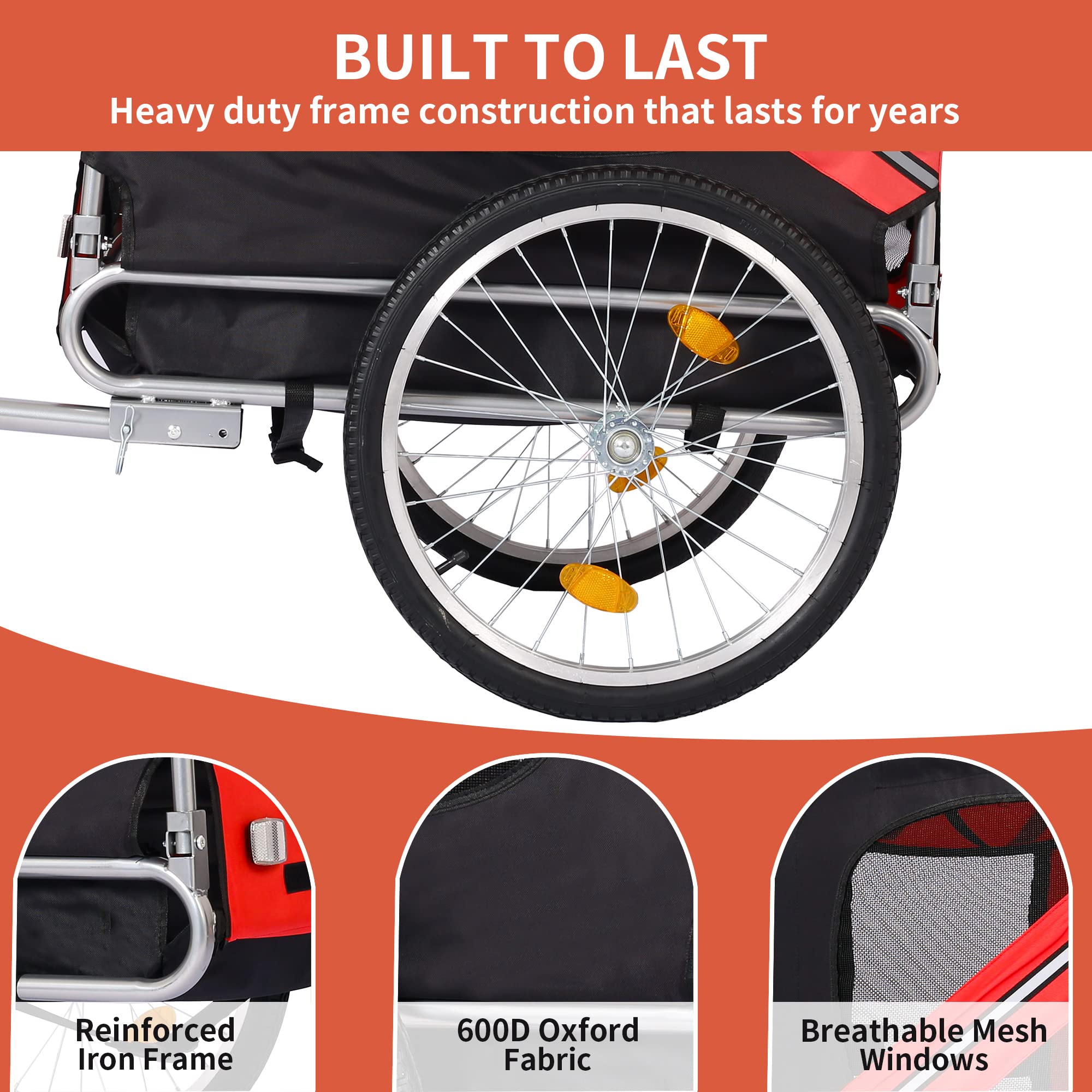 Foldable Bike Dog Trailer with 3 Entry Points - Safety Flag & 8 Reflectors, 20
