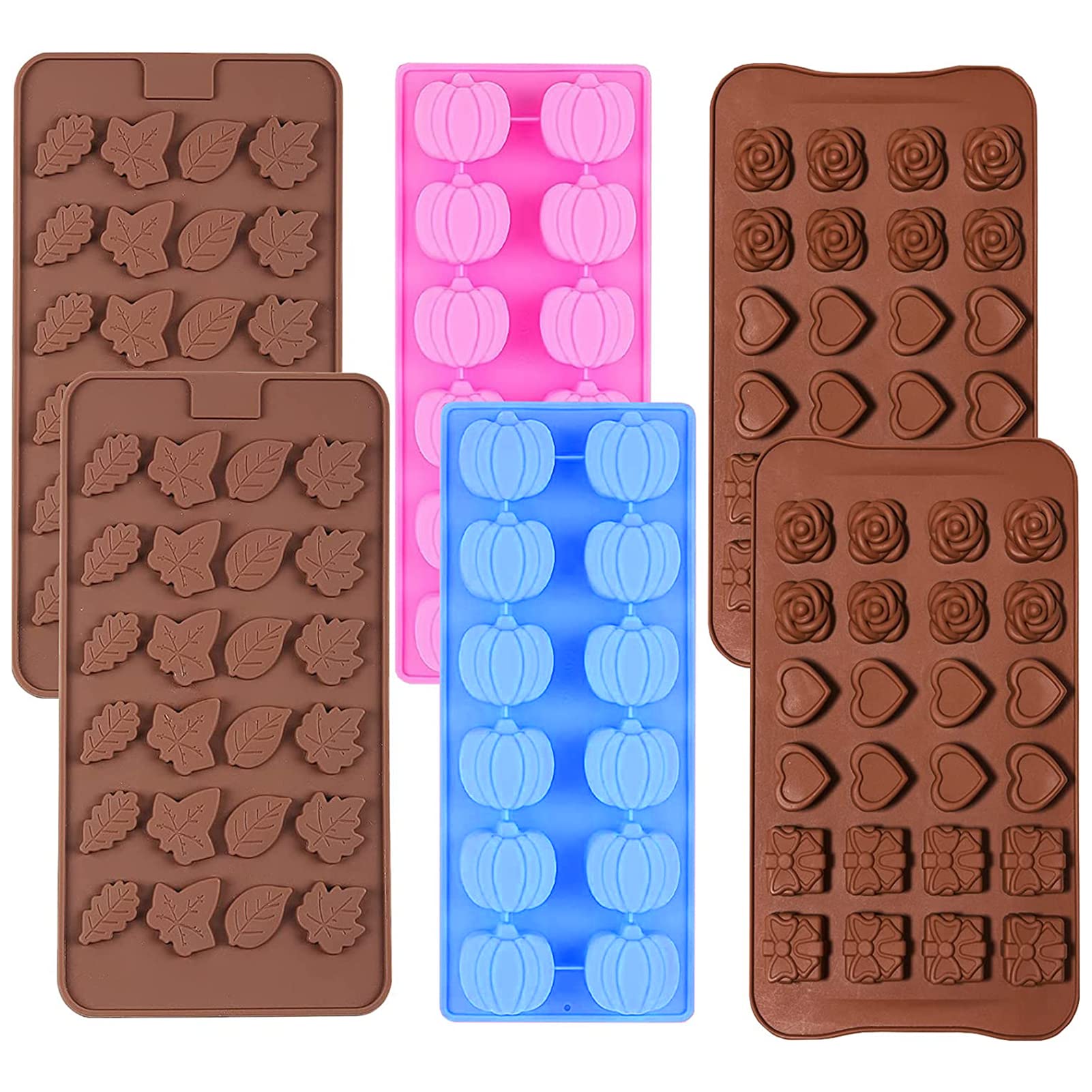 6 Pack Halloween Silicone Molds - Mini Pumpkin & Fall Leaf Shaped Candy Chocolate Molds for Wax Melts, Ice Cubes, Candles - Perfect for Thanksgiving, DIY Crafts, and Holiday Baking Decorations