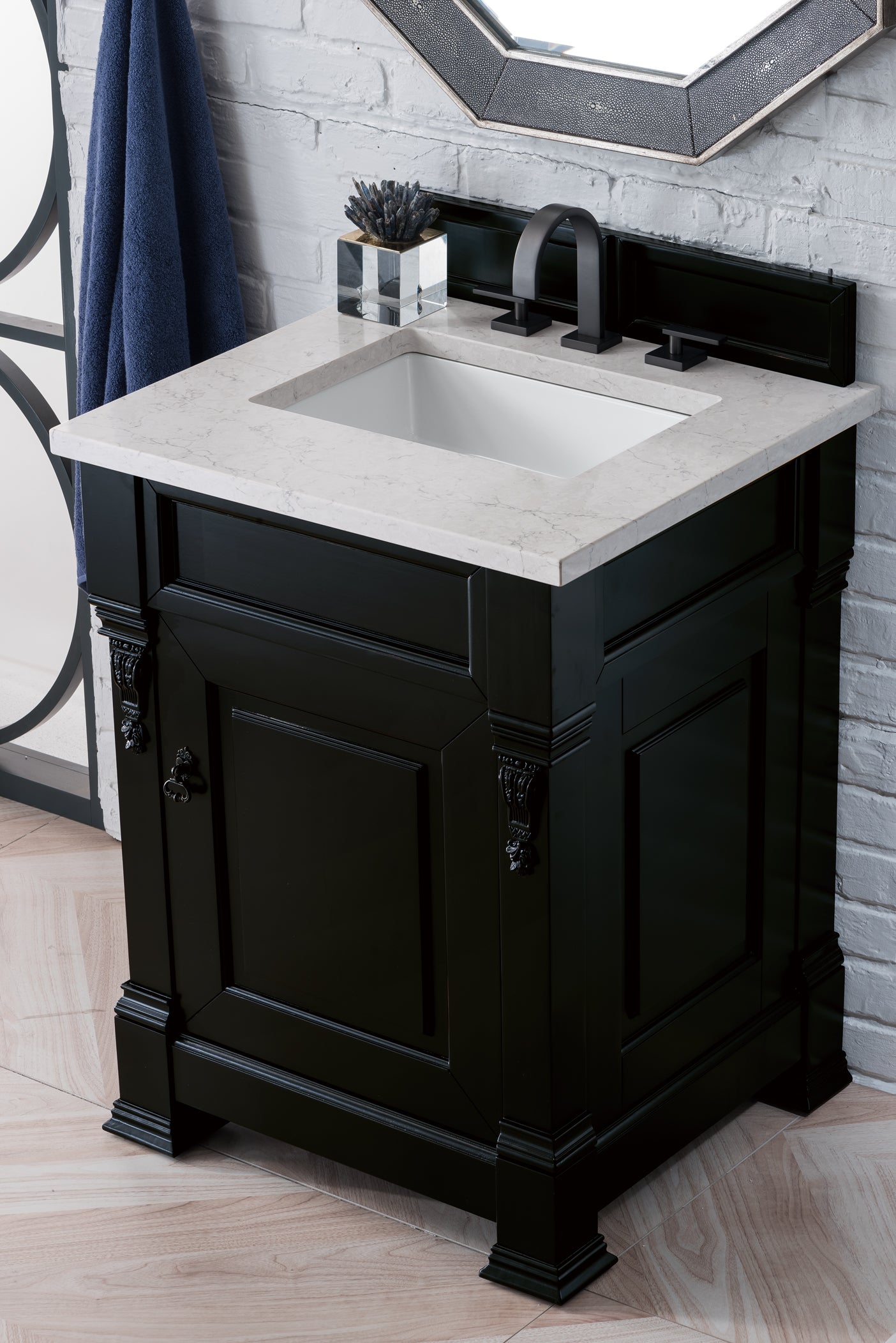 Brookfield 26 Inch Single Bathroom Vanity Set - Antique Black Finish with 3CM Eternal Jasmine Pearl Quartz Countertop | Perfect for Small Bathrooms, Powder Rooms & Guest Baths
