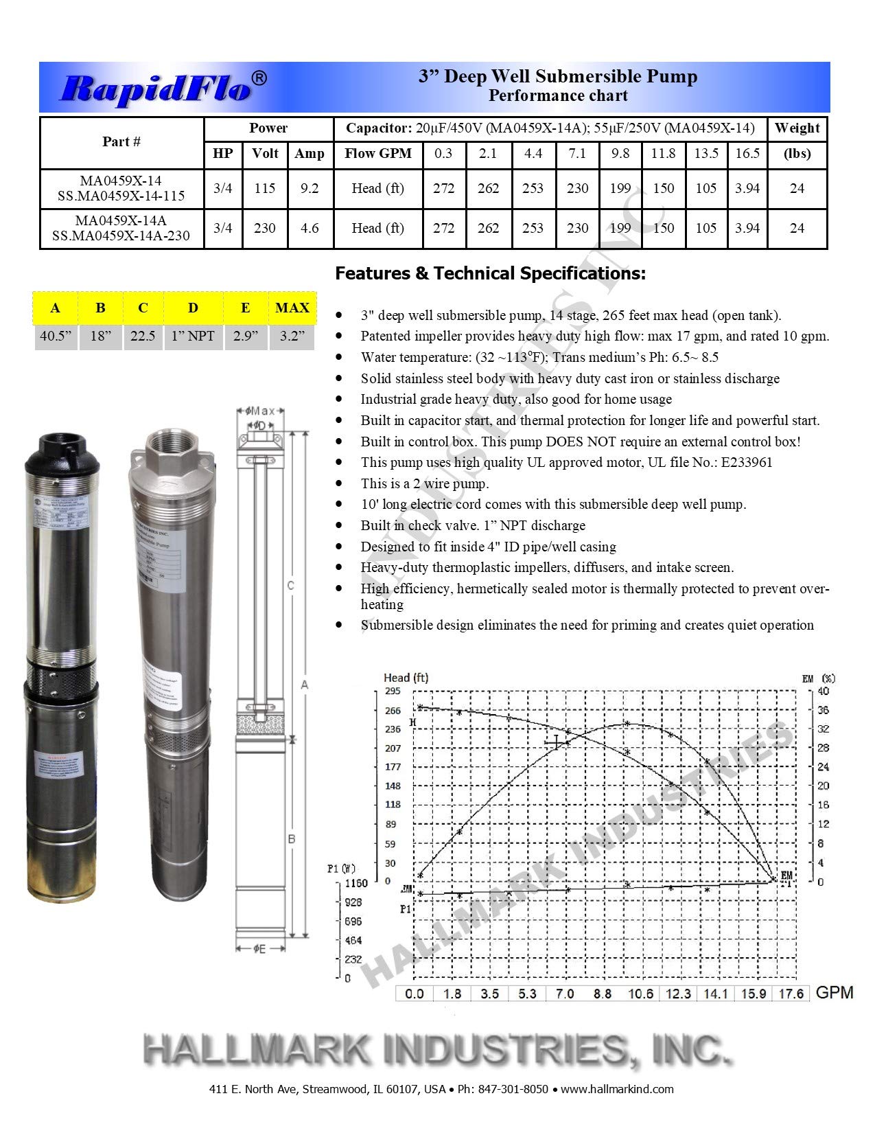 Hallmark Industries SS.MA0459X-14A-230 Stainless Steel Deep Well Pump - 3/4HP, 230V/60HZ/1PH, 3.2