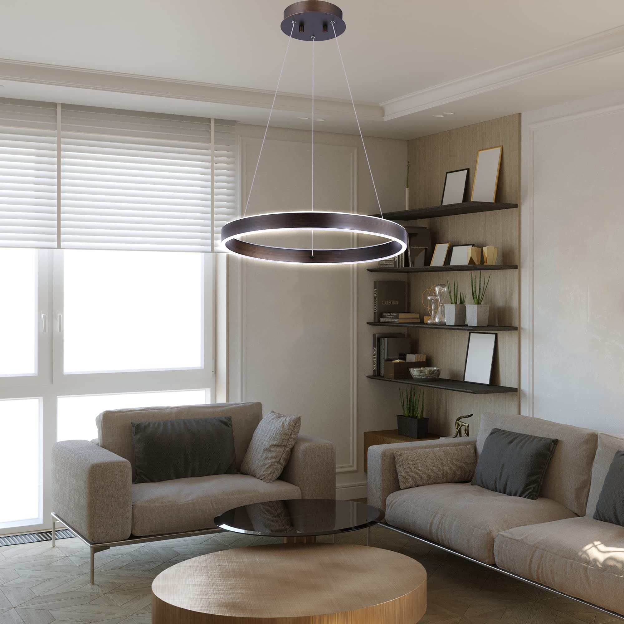 Modern Adjustable LED Pendant Light - 1 Ring Chandelier in Warm White (3000K) & Brown Finish for Dining Room, Living Room, Bedroom, Hallway - Perfect for Kitchen Islands, Breakfast Nooks & Entryway Lighting