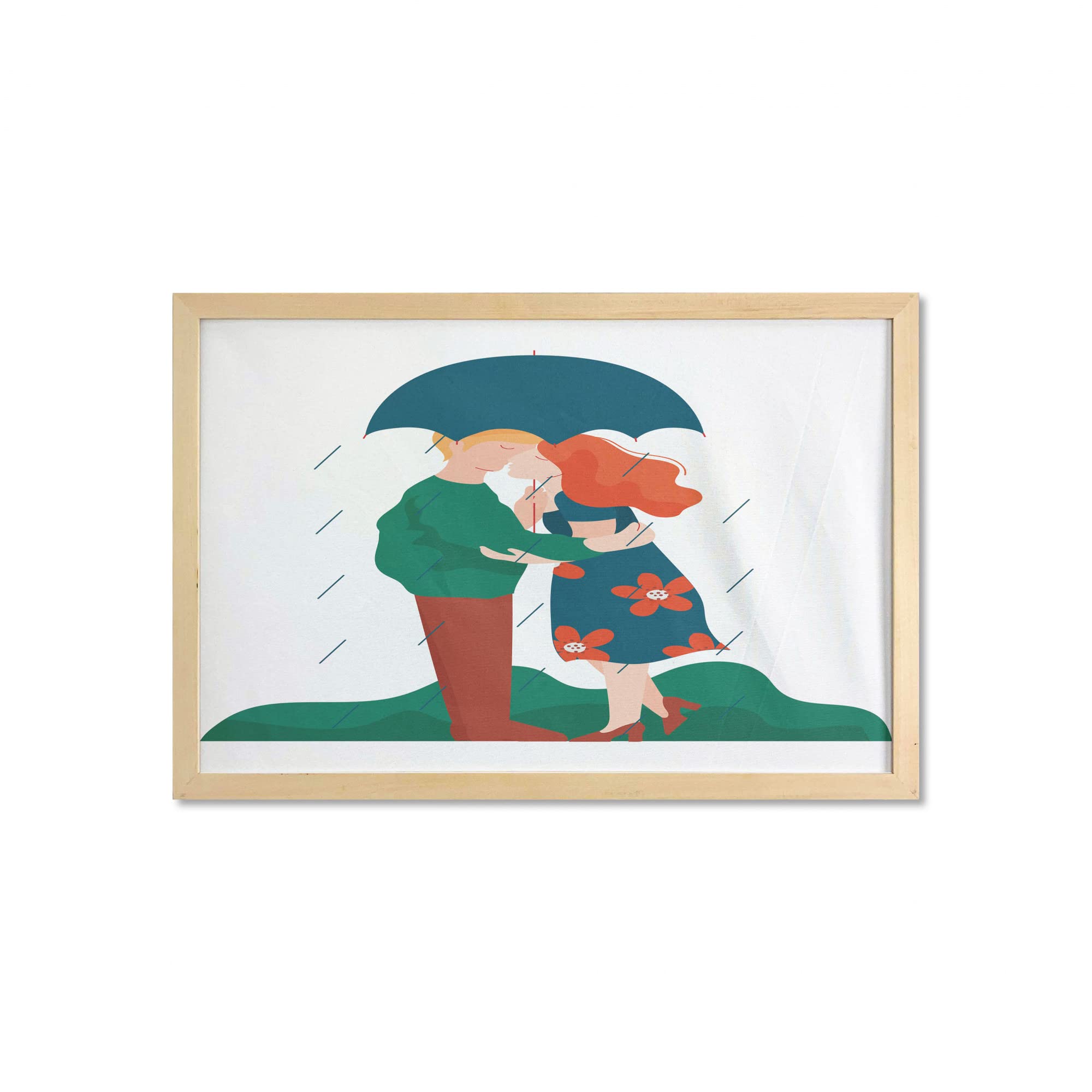 Ambesonne Romantic Kissing Couple Wall Art - Printed Fabric Poster with Frame, Young Man & Woman Hugging Under Umbrella in Rain - 35
