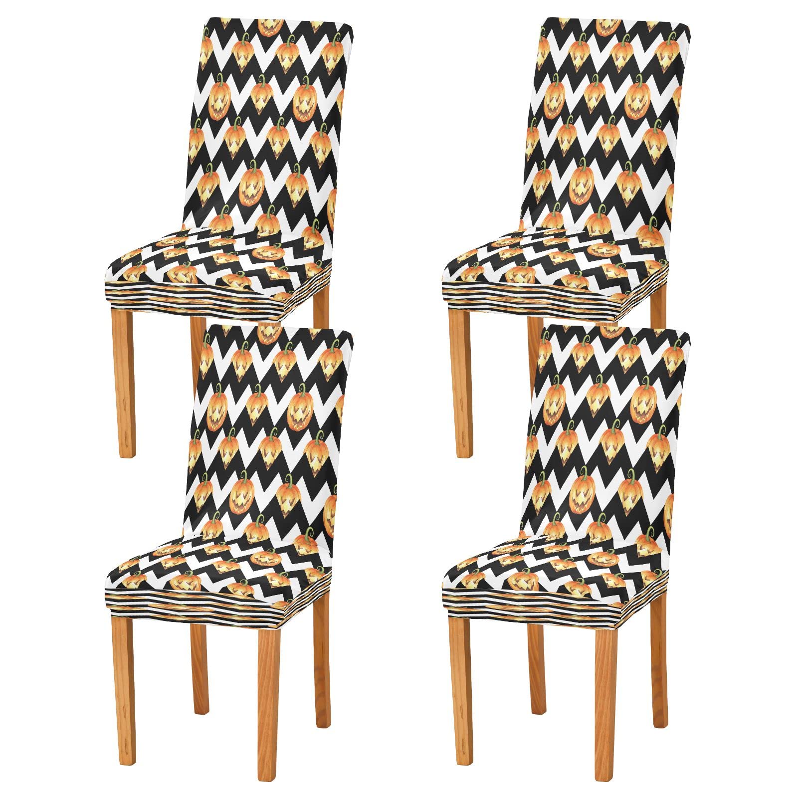 Halloween Pumpkin Striped Chair Covers - Black & White Chevron Stretch Slipcovers (2-Pack) | Removable Dining Seat Protectors for Home, Kitchen, Restaurant & Hotel | Perfect for Autumn Decor & Holiday Parties