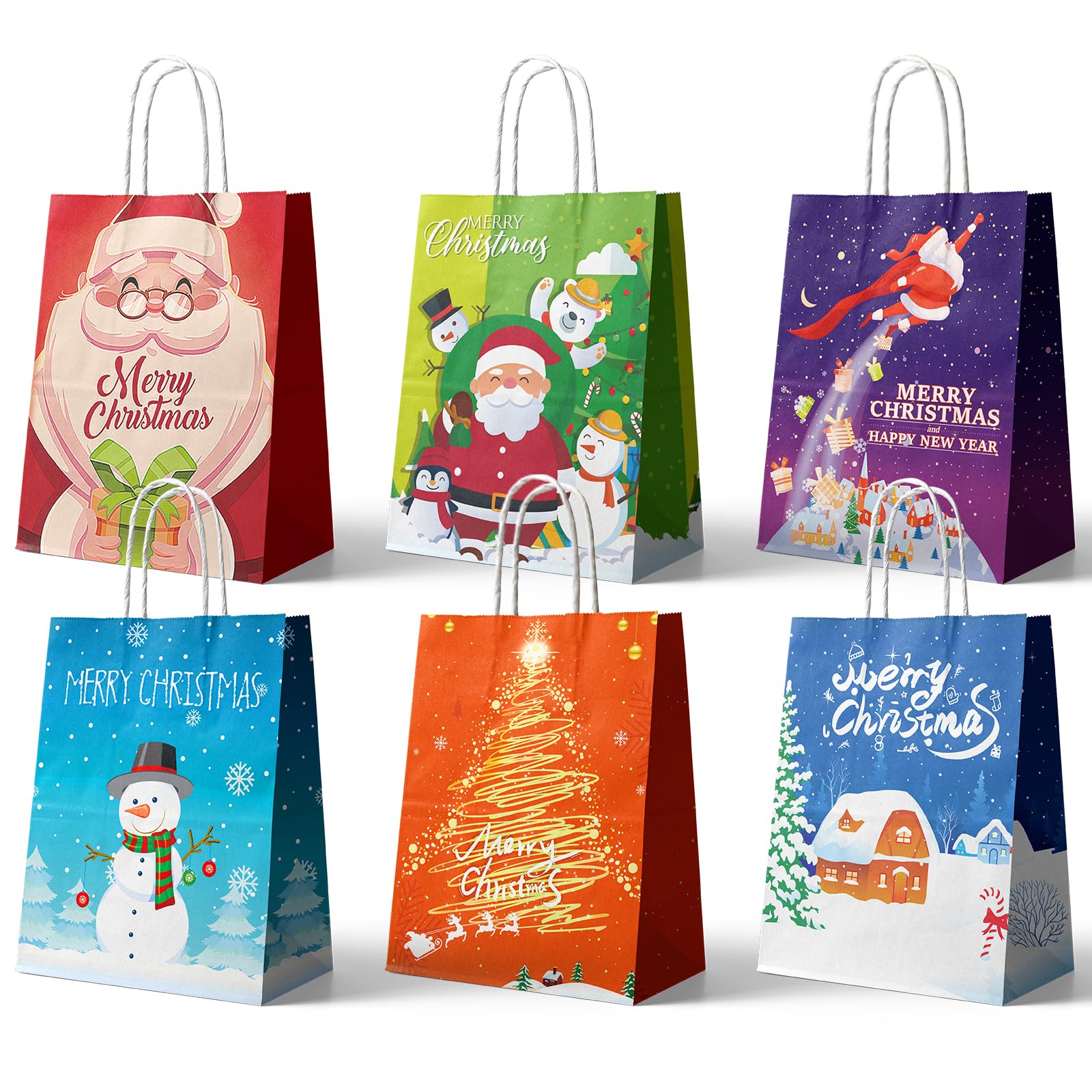 24Pcs Christmas Kraft Gift Bags with Handles - Bulk Holiday Paper Gift Bags for Party Favors, Presents & Gifts - 6 Festive Designs - Perfect for Christmas Parties, Office Exchanges & Holiday Gift Wrapping