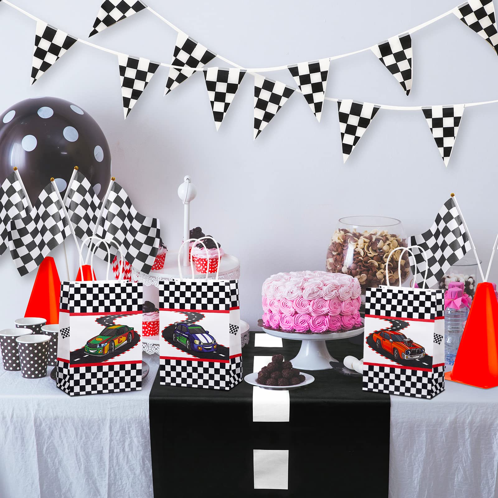 24-Piece Racing Car Party Favor Bags - Checkered Flag Themed Goodie Treat Candy Paper Bags with Handles for Kids Birthday Party Supplies & Decorations | Perfect for Race Car Themed Parties, Birthday Favors, and School Events