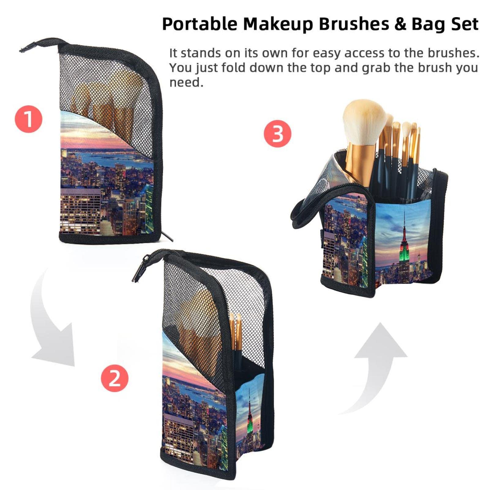 12-Piece Makeup Brush Organizer Bag with Portable Holder Case - Sunset New York City Design | Perfect for Travel, Home Vanity & Professional Makeup Artists