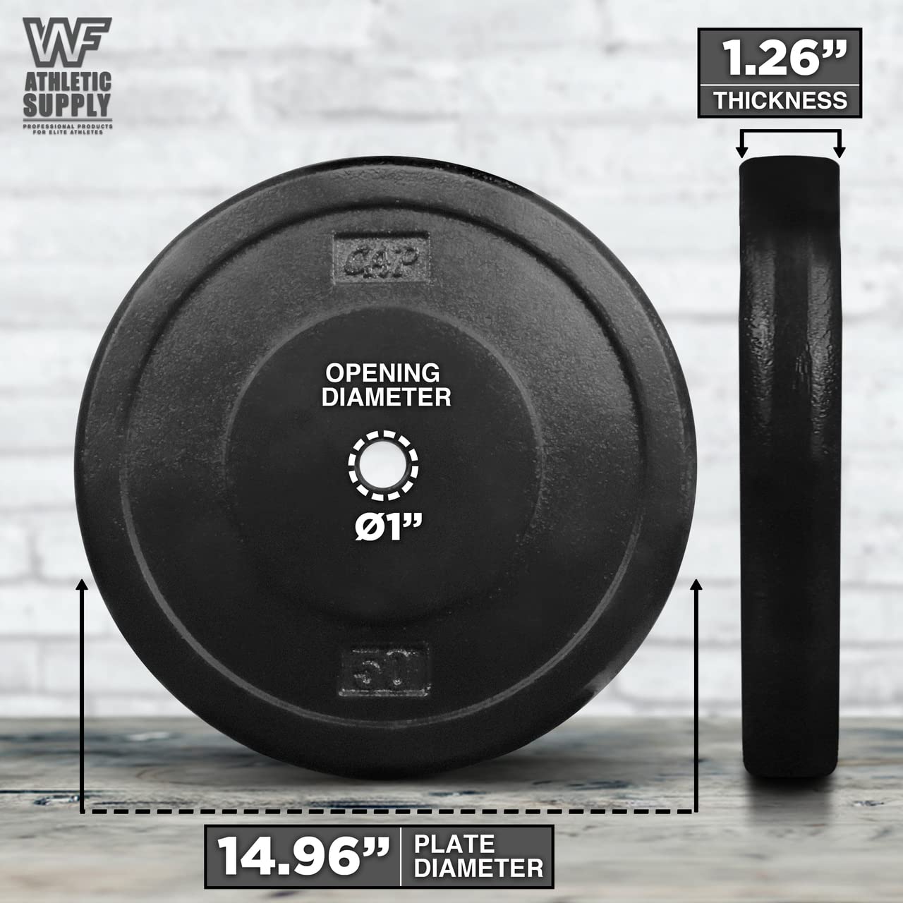 CAPHAUS Black Standard Solid Cast Iron Weight Plates 1-inch Center Hole for Standard Barbell & Dumbbell Handles - 1.25LB to 50LB (Multiple Sizes) - Perfect for Home Gym, Strength Training & Weightlifting Workouts