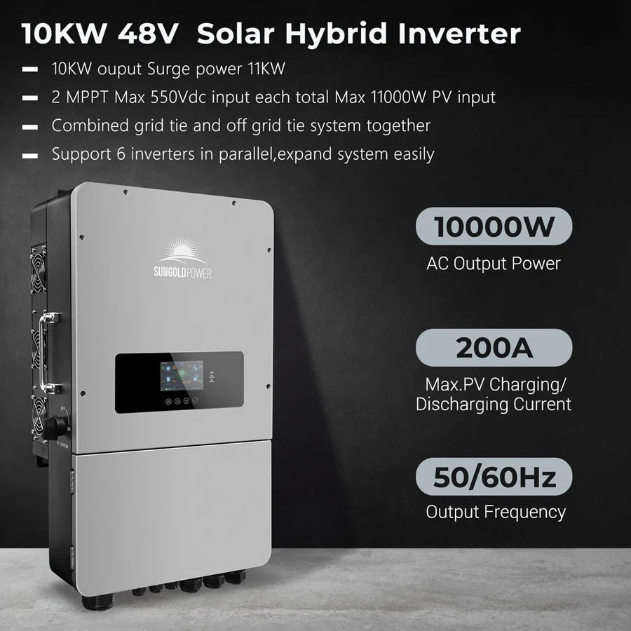 SunGoldPower 10KW 48V Split Phase Hybrid Solar Inverter for Home & RV Off-Grid Power System - Perfect for Solar Energy Storage & Backup Power Supply