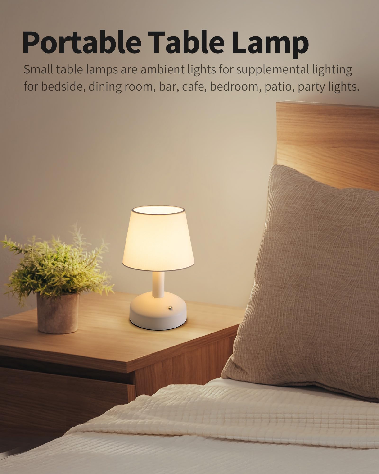 KDG Modern Cordless Small Table Lamp - Portable LED Fabric Shade Desk Lamp with 5000mAh Rechargeable Battery, Bedside Night Light for Bedroom, Living Room, Office, Dorm & Nursery (White) | Perfect for Reading, Working & Relaxing at Night