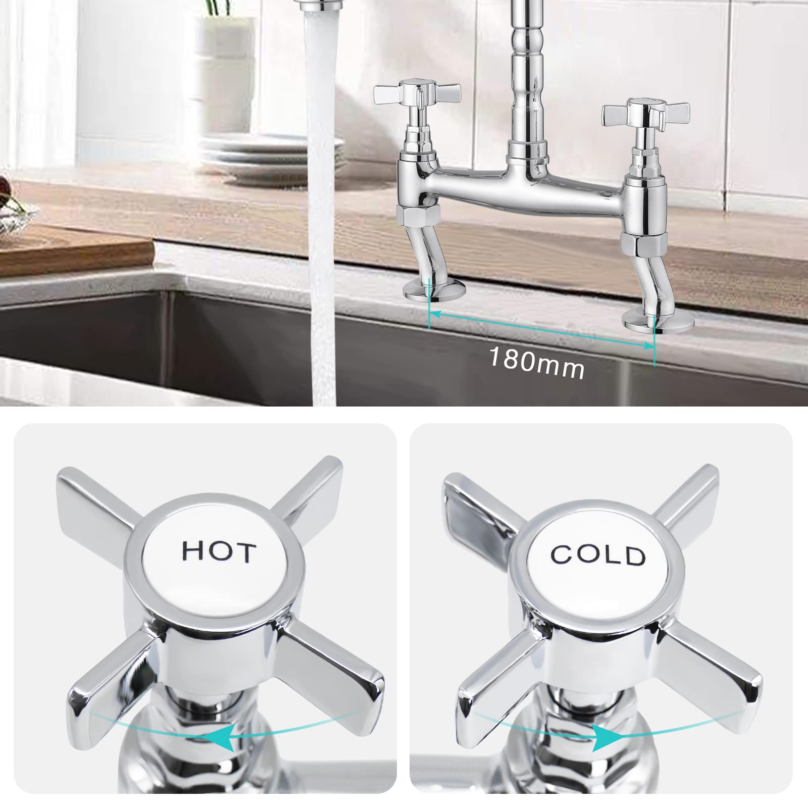 JASSFERRY Classic Deck Mixer Chrome Cross Handles Deck Mounted Monobloc Traditional 2-Hole Kitchen Sink Faucet with Swivel Spout - Perfect for Modern Farmhouse, RV & Apartment Kitchen Renovations