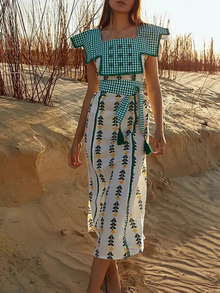 Elegant Women's Loose Midi Dress with Lapel, Flying Sleeves & Tassel Belt - Floral Print O-Neck Party Dress for Spring & Summer Occasions | Perfect for Weddings, Garden Parties & Date Nights