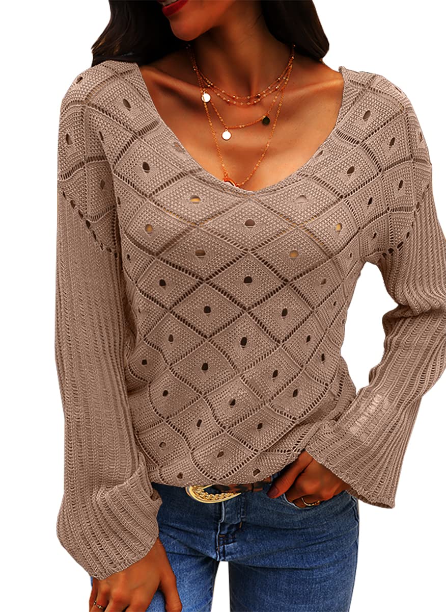 Wihion Women's V-Neck Hollow Cable Knit Sweater - Long Sleeve Solid Casual Pullover for Fall & Winter - Perfect for Office, Dating & Holiday Outfits