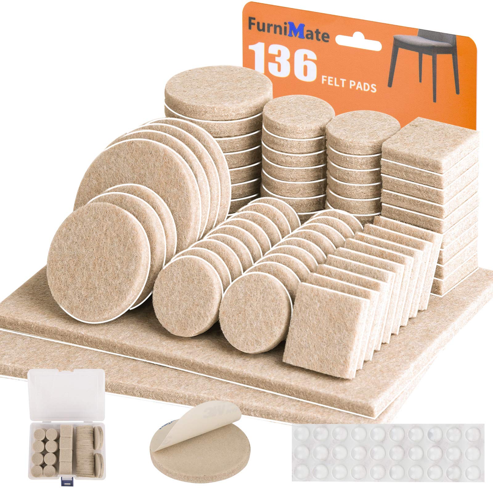 136-Pack Beige Felt Furniture Pads (5mm Thick) - Non-Slip Floor Protectors for Hardwood Floors - Anti-Scratch Furniture Pads with Storage Case - Perfect for Chairs, Tables & Sofas to Protect Floors from Scratches & Noise