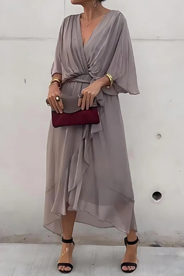 Elegant Solid Color V-Neck Batwing Sleeve Lace-Up Asymmetrical Hem Midi Dress for Women | Party, Cocktail, Wedding & Evening Occasions
