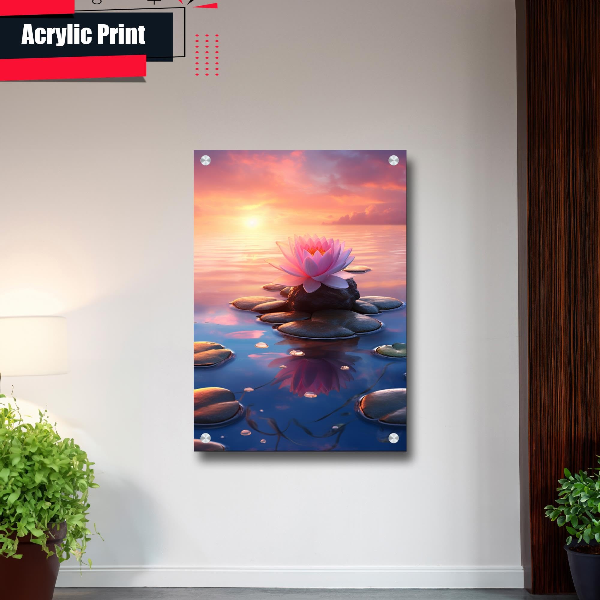 Zen Wall Art Decor - Framed Zen Garden Poster with Stone Flower & Peaceful Water Sunset - Meditation & Yoga Room Decor for Home, Office, Spa - Calming Scenery Wall Art Print for Relaxation & Mindfulness Spaces