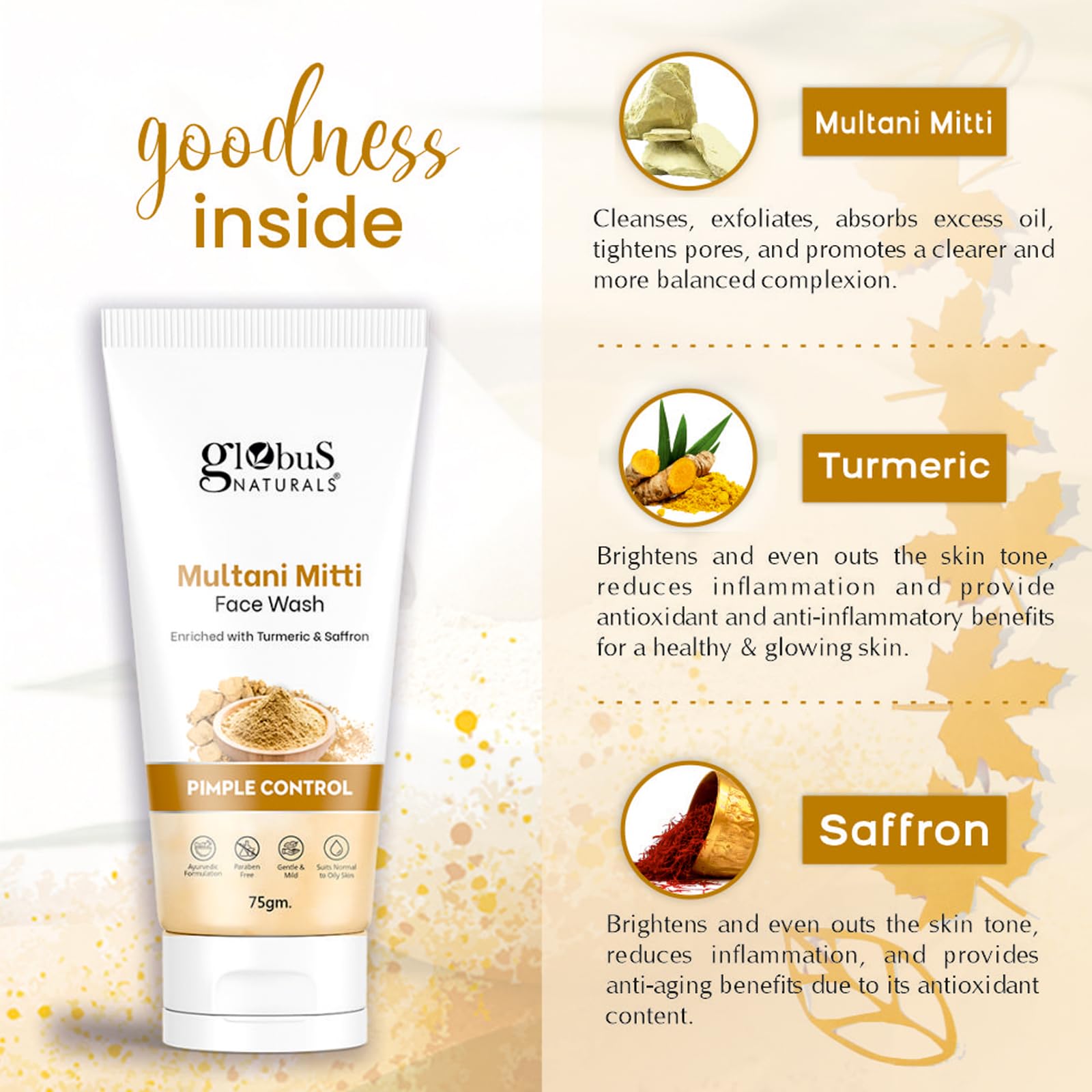 Globus Naturals Multani Mitti Face Wash with Turmeric & Saffron - Acne Treatment for Oily & Acne-Prone Skin - 75gm | Deep Cleansing & Pimple Control | Perfect for Daily Skincare Routine & Breakout Prevention