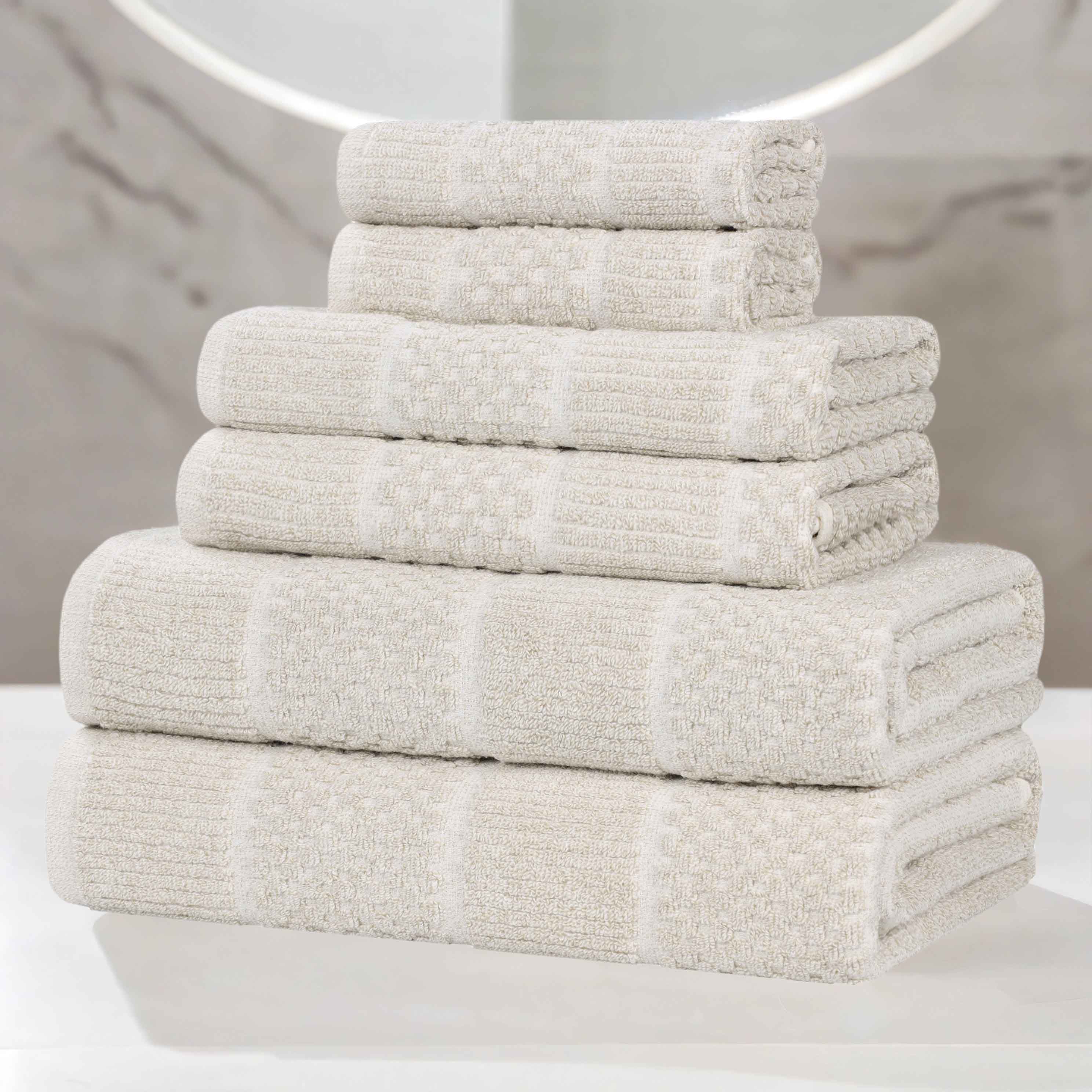 Premium 6-Piece Cotton Blend Towel Set - Medium Weight, Checkered & Ribbed Design - Soft & Absorbent Bath Towels for Spa, Guest Bathroom & Beach Use
