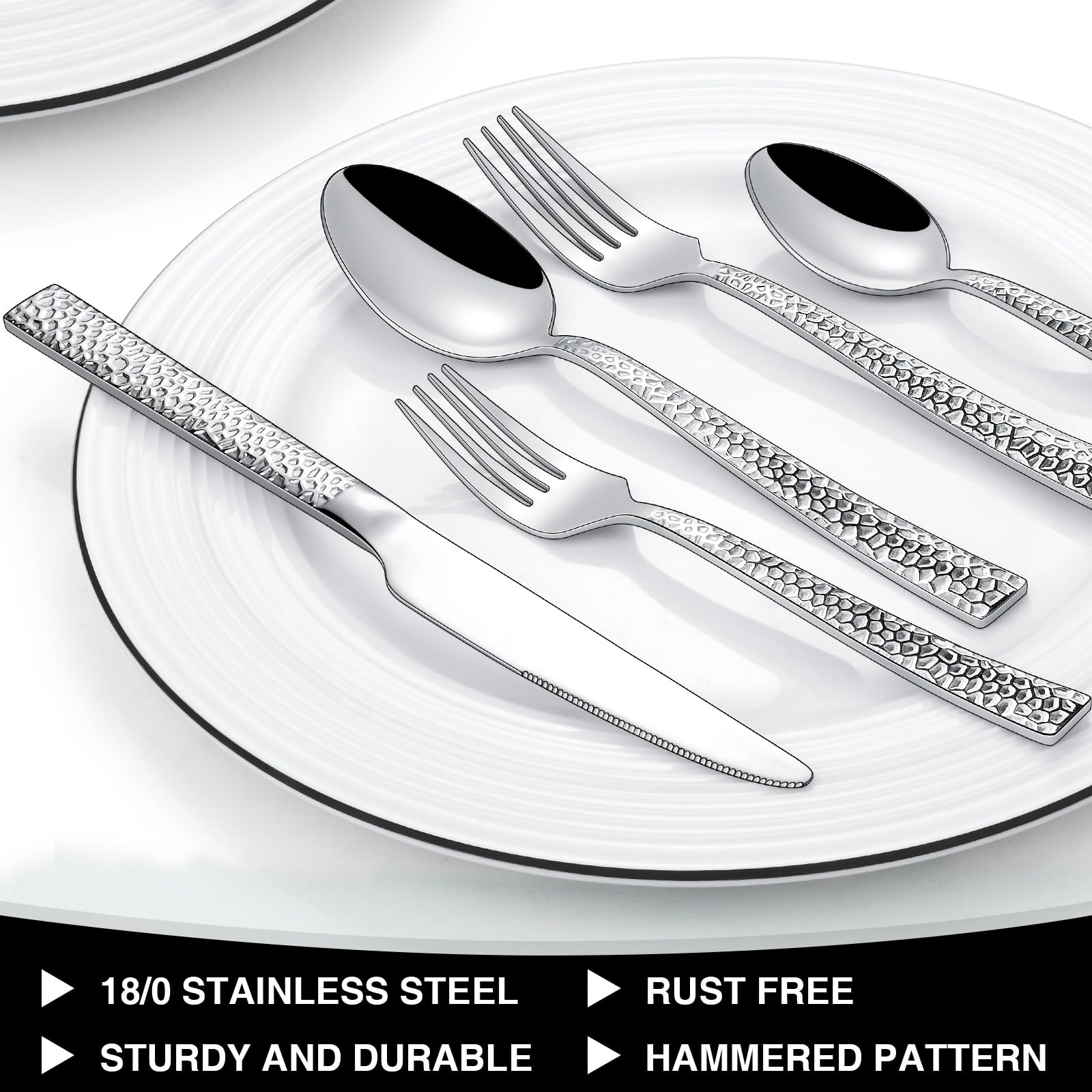 Premium 40-Piece Hammered Stainless Steel Flatware Set for 8 - Square Mirror Finish Cutlery Set, Food-Grade Dishwasher Safe Silverware for Home & Restaurant Use - Perfect for Dinner Parties, Weddings, and Everyday Dining
