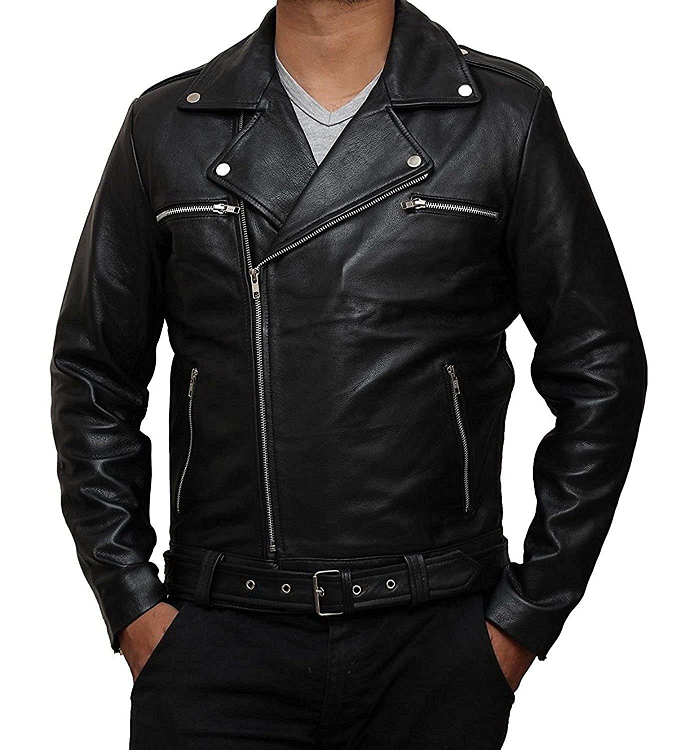 Negan Black Real Leather Jacket for Men - The Walking Dead TV Show Inspired Biker Jacket, Premium Genuine Leather, 3X-Large Size - Perfect for Cosplay, Halloween Costumes, and Motorcycle Riding