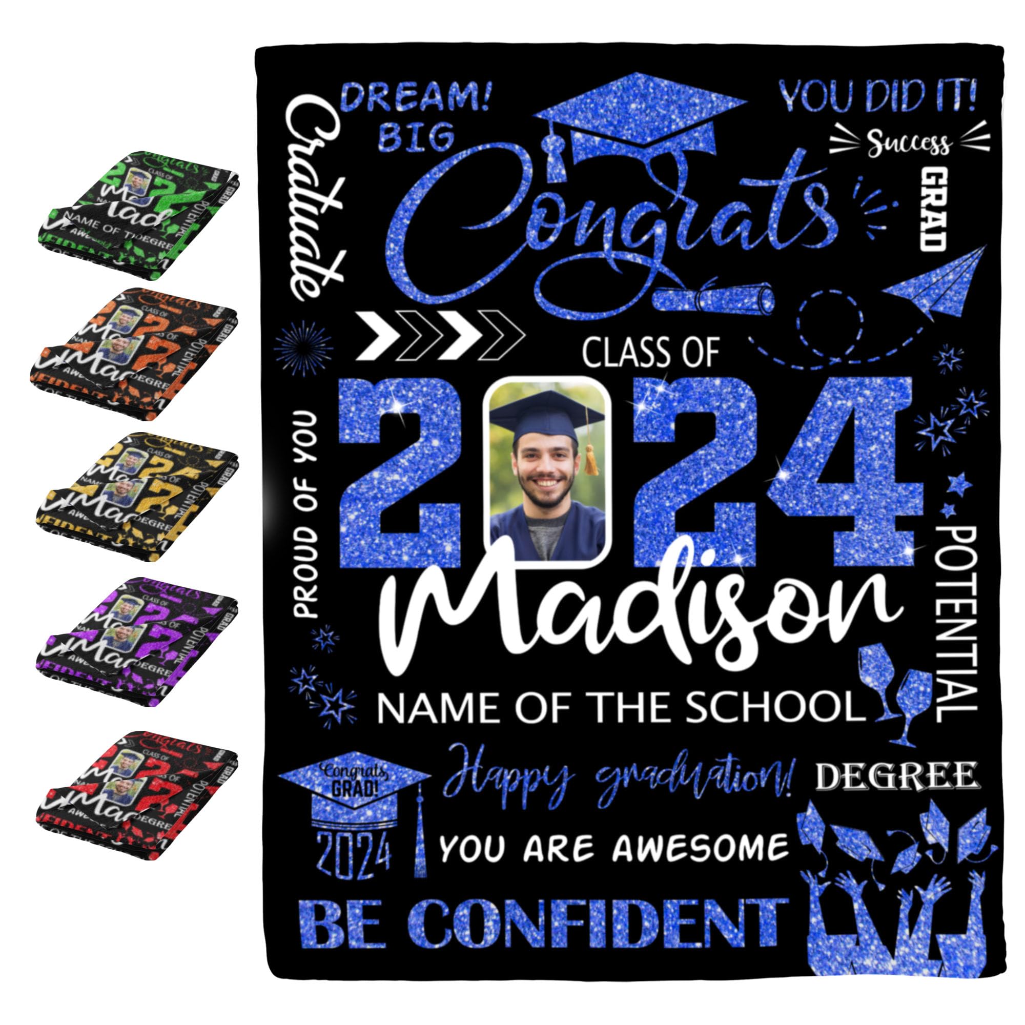 YESCUSTOM Personalized Graduation 2025 Photo Blanket - Custom Name & Text Throw Blanket with Big Dream Design - Perfect Graduation Gift for Son, Daughter, High School & College Students - Great for Dorm Rooms, Home Decor & Commemorative Keepsakes