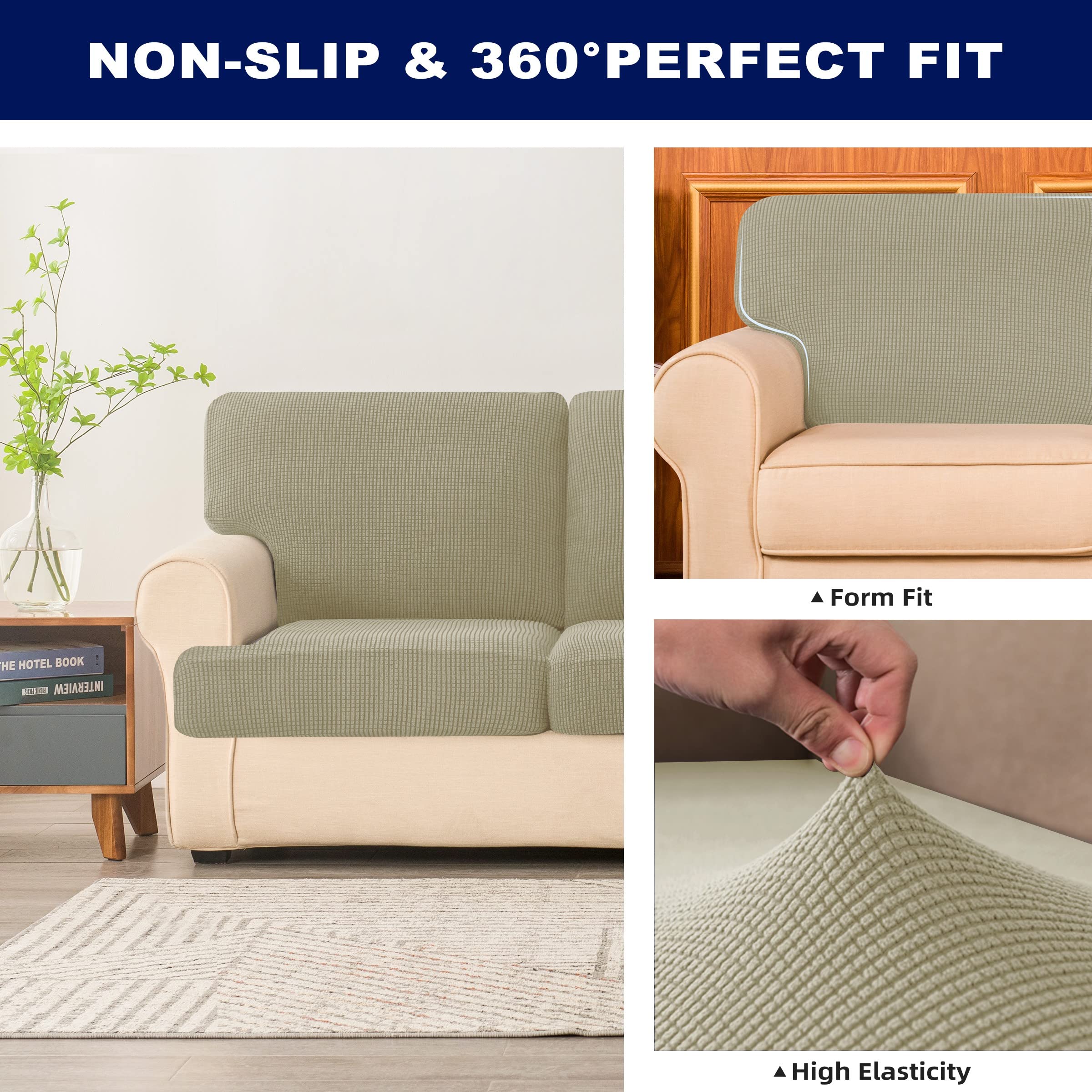 Stretchable Jacquard Sofa Back Cushion Cover - Breathable Spandex Slipcover for Couches, Chairs & Recliners - Protects Furniture from Kids & Pets (Sand Color, T-Left Style) - Perfect for Living Room, Family Room & Home Theater Seating