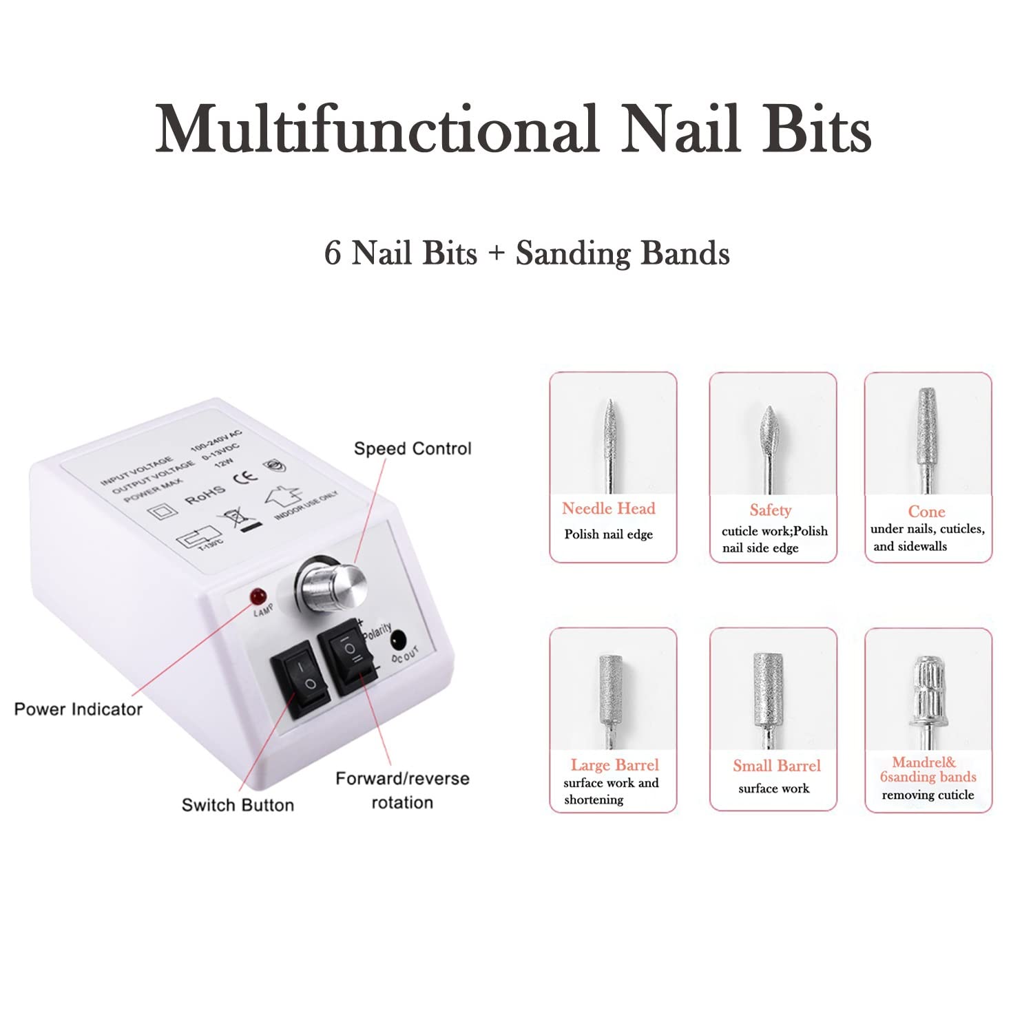 FATUXZ Professional Electric Nail Drill Kit - 20000 RPM Adjustable Nail File Machine for Manicure & Pedicure - Acrylic Nail Tools with 6 Bits (White) - Perfect for Home Salon, Nail Art & DIY Nail Care