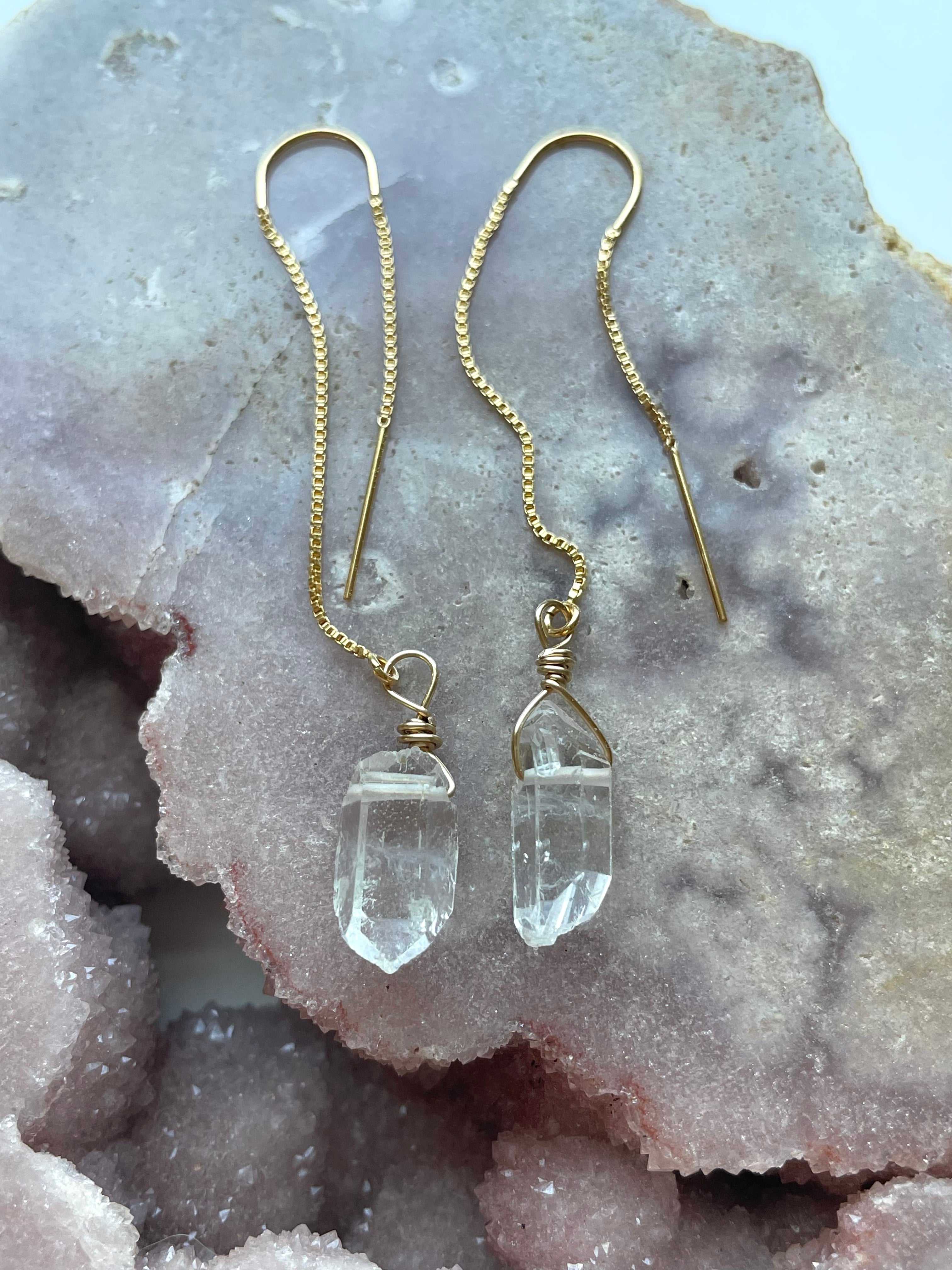 Raw Crystal Quartz Threader Earrings - Gold Filled or Sterling Silver Dangle Earrings for Women | Boho Chic Jewelry for Everyday Wear & Special Occasions