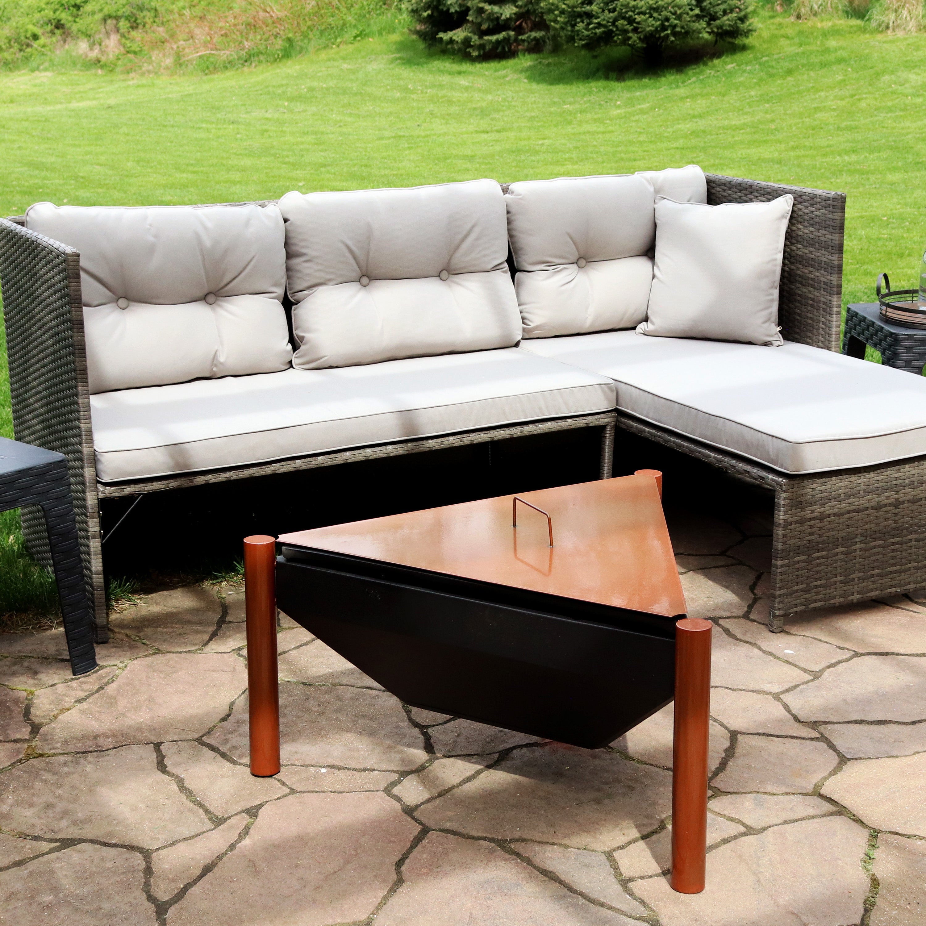 Sunnydaze 31-Inch Steel Outdoor Triangle Fire Pit with Side Table - Perfect for Backyard, Patio, and Camping Gatherings