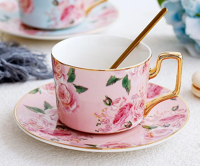 Elegant Blue Porcelain Coffee Cups with Gold Trim & Gift Box - British Tea Cups Set, Rose Flower Tea Cups & Saucers for Latte, Espresso & Afternoon Tea - Perfect for Gifts, Bridal Showers & Coffee Lovers