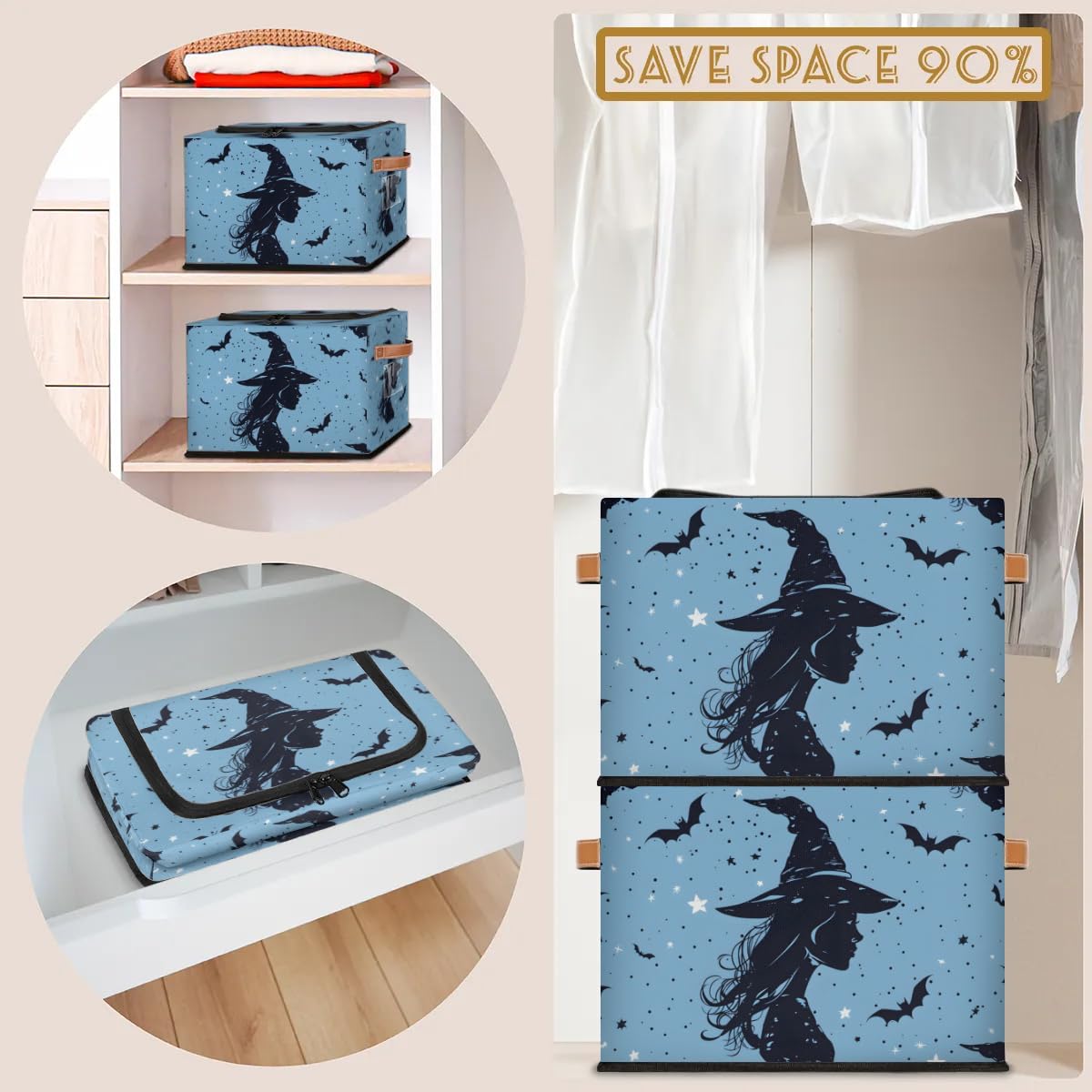 Halloween Witch Storage Boxes with Sturdy Handles - 2 Pack Zippered Storage Bins for Clothes, Toys & Home Organization - Perfect for Halloween Decor, Kids' Room & Seasonal Storage