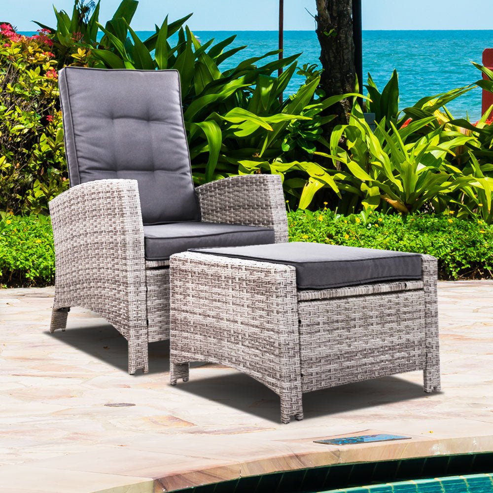 Elise Outdoor Recliner Chair with Ottoman - Grey Patio Lounge Chair for Backyard, Poolside & Garden Relaxation - Weather-Resistant Comfortable Reclining Chair