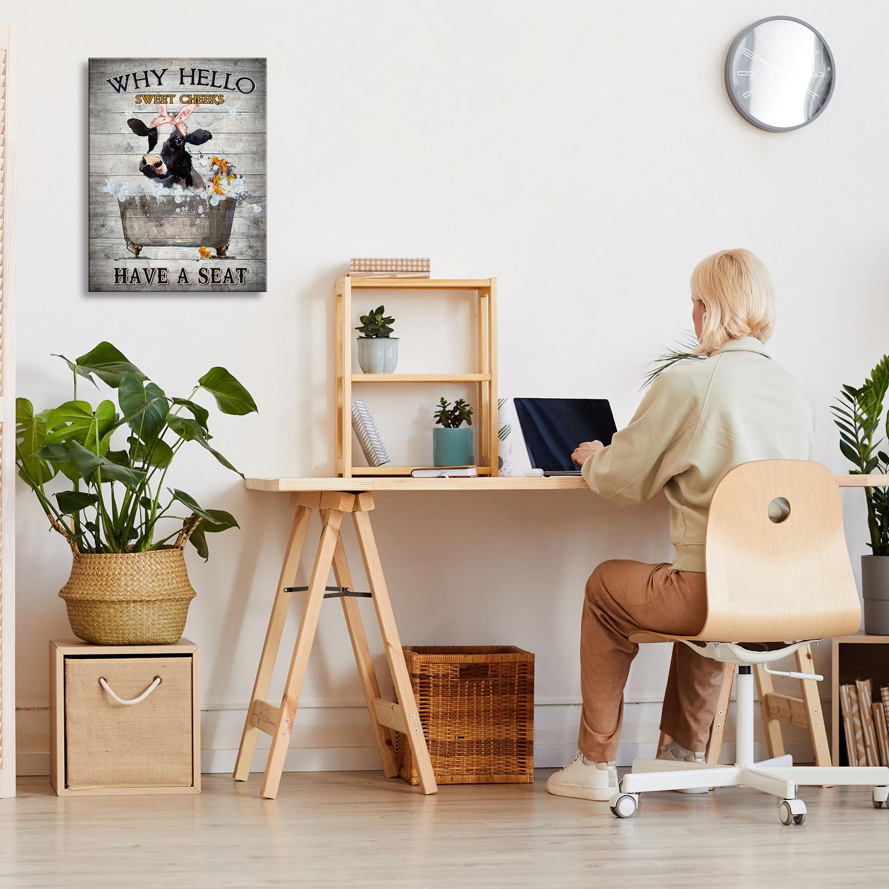 Funny Cow Bathroom Canvas Wall Art - Laundry Room Decor for Home & Office