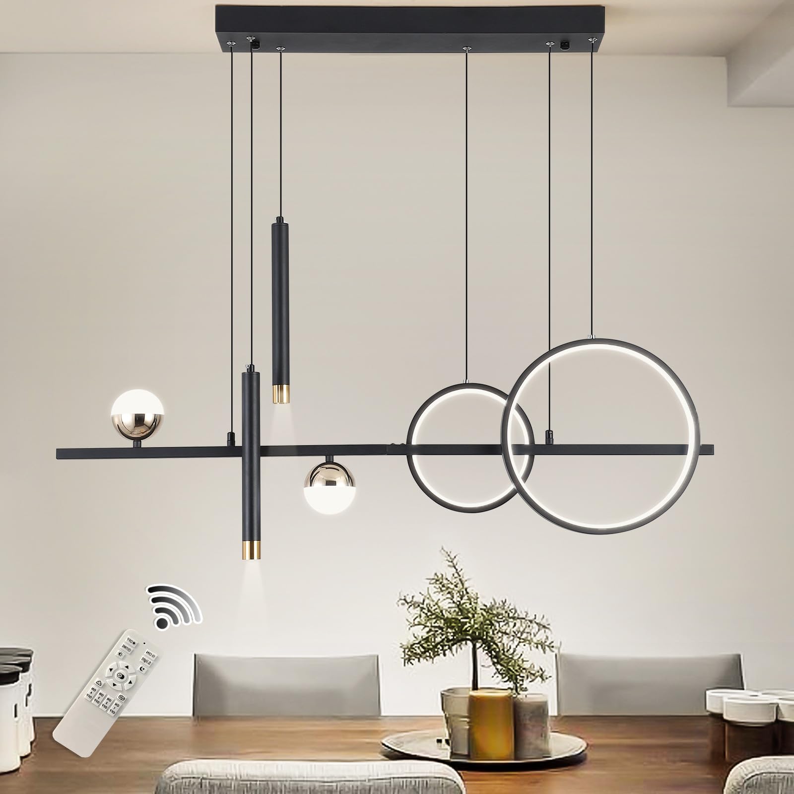 Modern LED Chandelier for Dining Room - Dimmable Black Gold Kitchen Island Pendant Light, Linear Ring Globe Ceiling Fixture | Perfect for Contemporary Home Decor, Restaurant Lighting & Open Concept Spaces