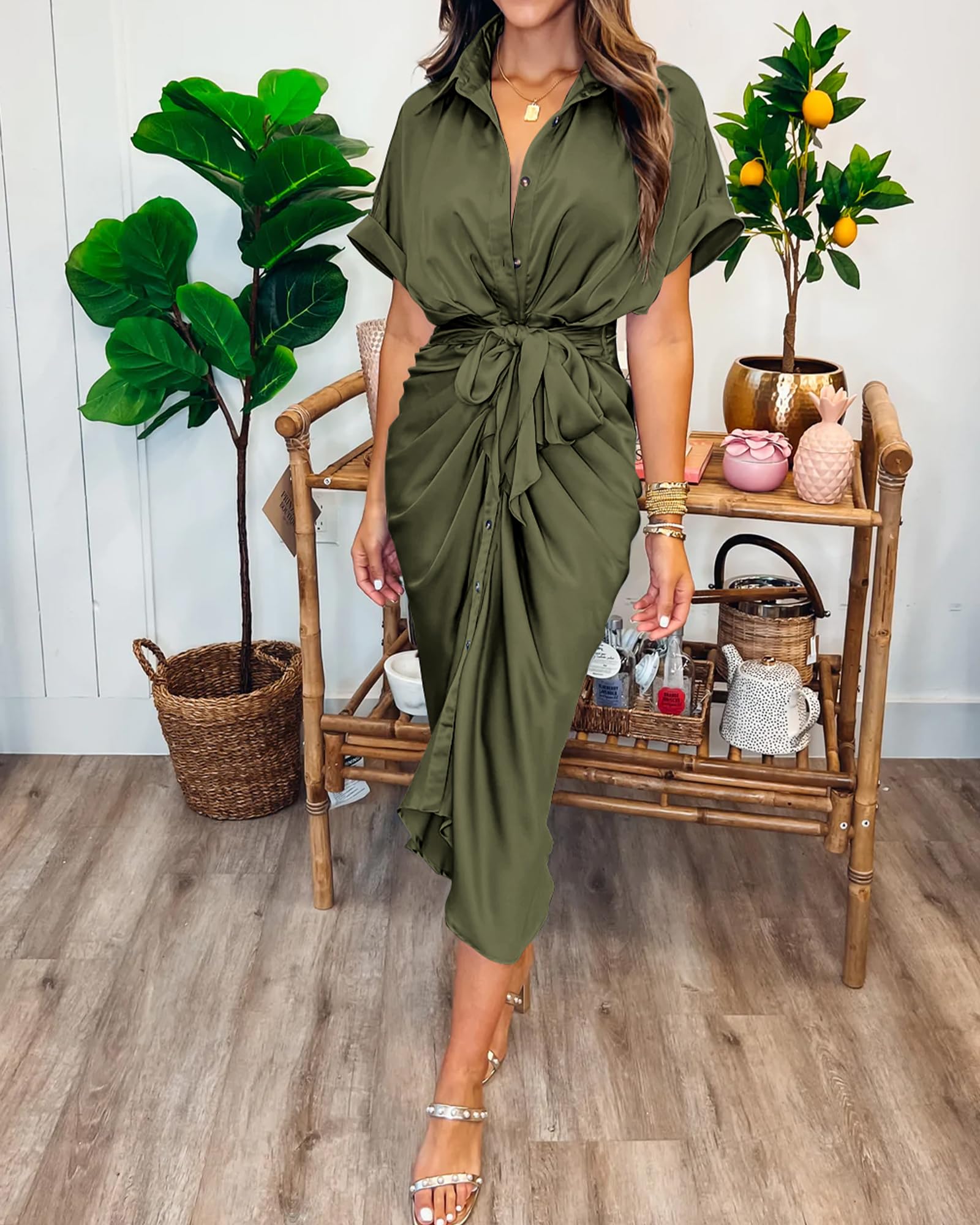 BTFBM Women's 2025 Elegant Ruched Button Down Shirt Dress - Short Sleeve Lapel V-Neck Satin Maxi Dress for Spring Summer | Perfect for Parties, Weddings & Special Occasions