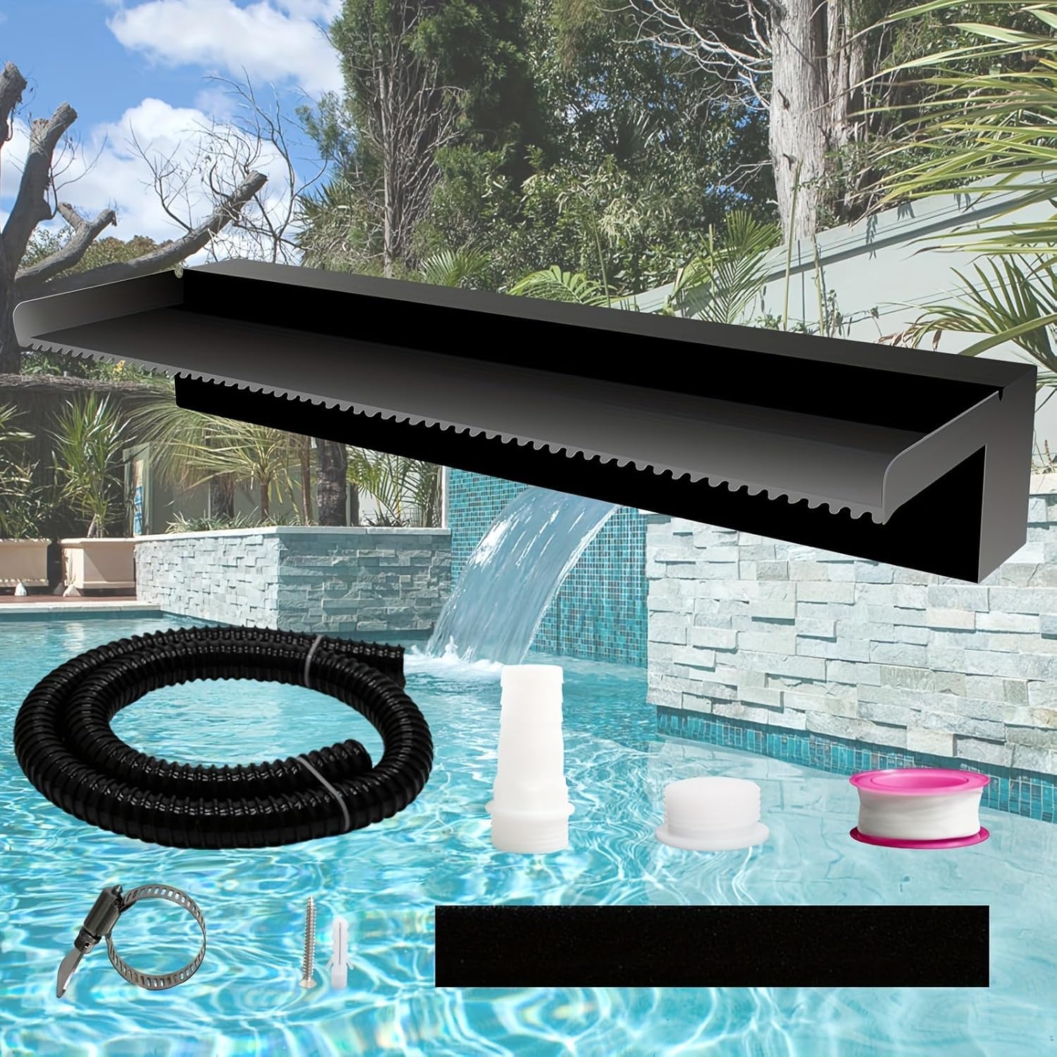 Stainless Steel Pool Fountain & Pond Waterfall Spillway Kit - 24 Inch Black Water Feature for Garden, Patio, Backyard, Koi Pond - Indoor/Outdoor Decorative (No LED Light) | Perfect for Zen Gardens, Water Features & Landscape Design