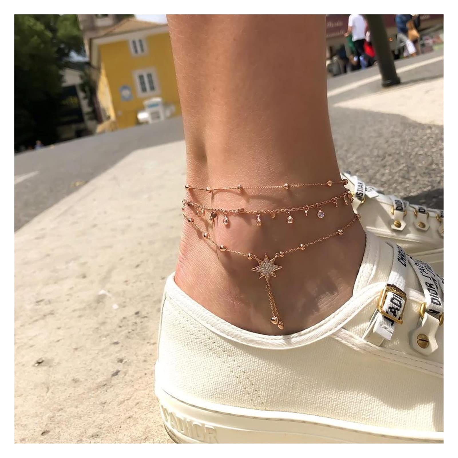 Vintage Bohemian Crystal Pendant Ankle Bracelet for Women - Multilayer Star Tassel Anklet, Summer Beach Jewelry Fashion Accessory (Metal Color: RAM320) | Perfect for Vacation, Festival, Boho Outfits & Beachwear