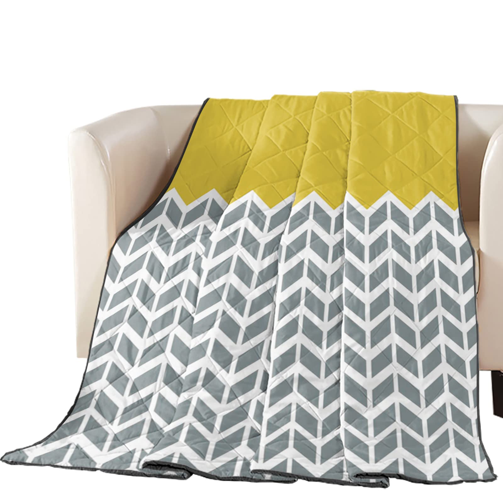 Soft Comforter Duvet - All Season Air Conditioning Quilt - Geometric Pattern Thin Summer Blanket Coverlet - Yellow Grey White - King Size 90x102 Inch - Perfect for Bedroom, Living Room & Couch Use