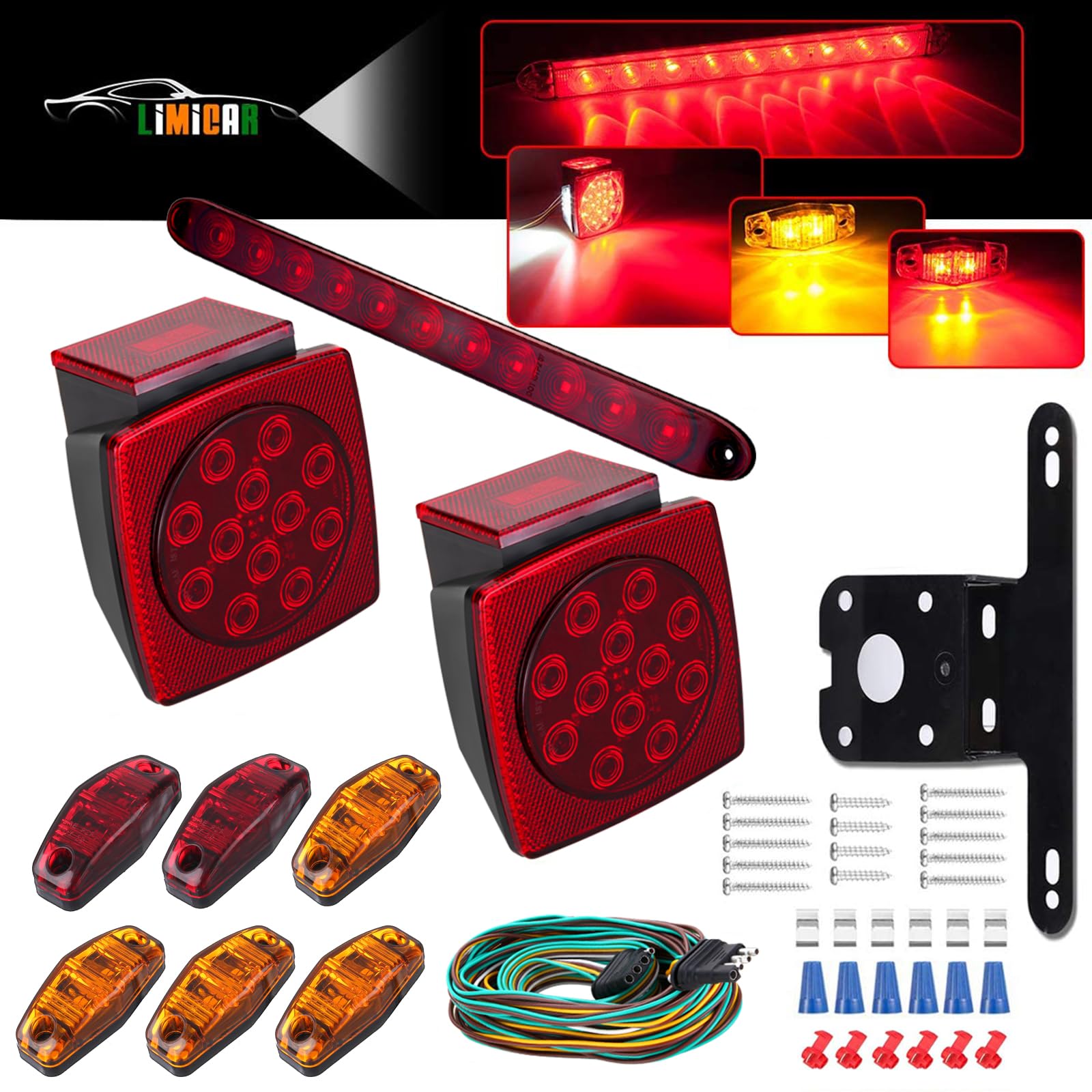 LIMICAR LED Trailer Lights Kit - Waterproof Submersible LED Lights for Boat, Utility & RV Trailers with Red/Amber Marker Lights & 3rd Brake Light Bar - Perfect for Marine, Towing & Off-Road Adventures