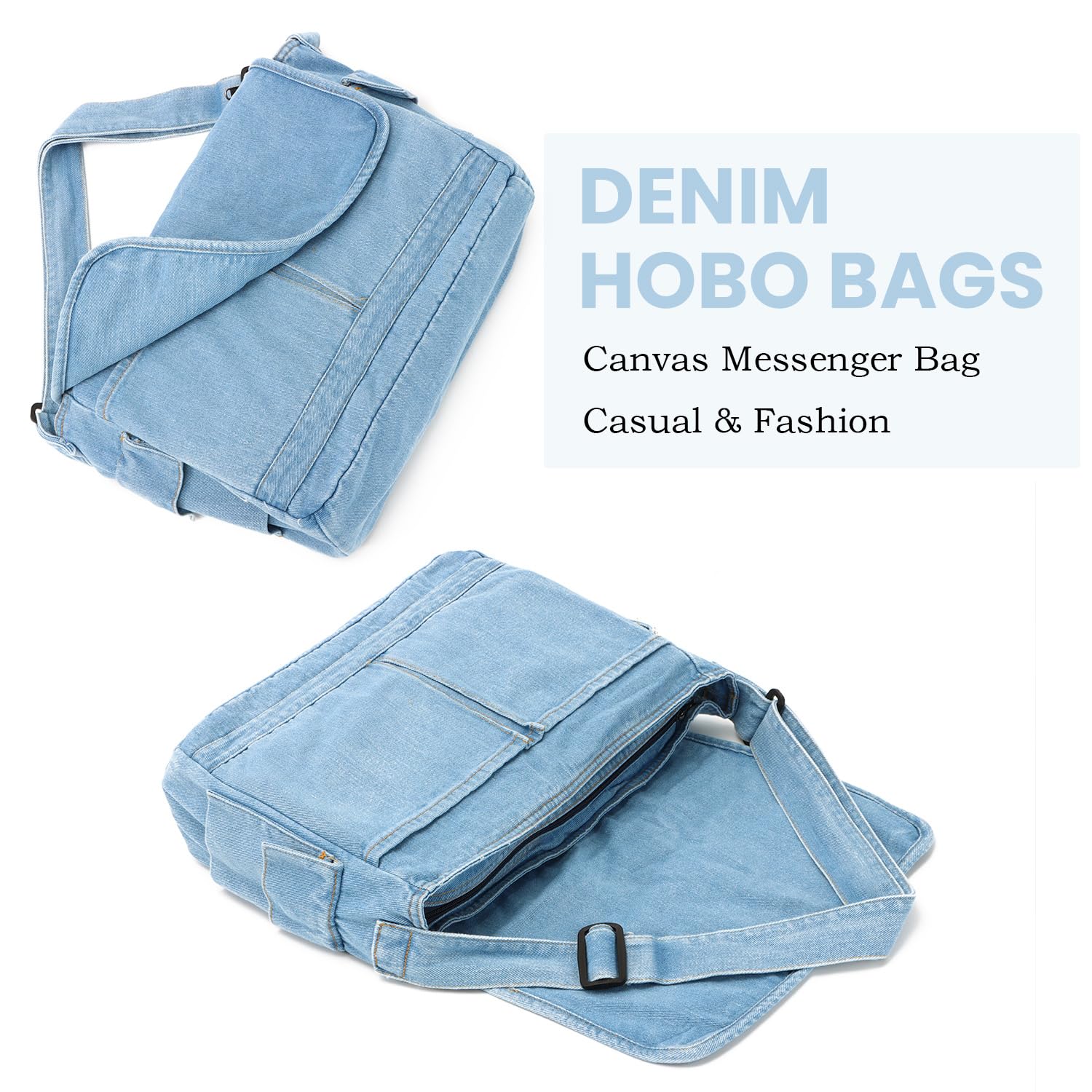 Vintage Denim Hobo Purse & Canvas Messenger Shoulder Bag - Large Retro Crossbody Satchel for Women & Men | Perfect for Casual Outings, Travel & Everyday Use