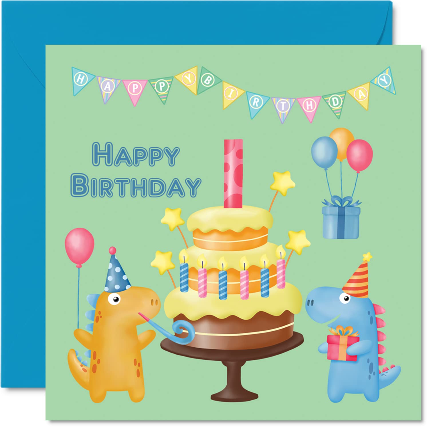 Dinosaur Birthday Card for 1 Year Old Boy - First Birthday Greeting Card for Son, Nephew, Grandson - 5.7 x 5.7 Inch Kids Party Card - Perfect for Baby's First Birthday Celebration & Dinosaur-Themed Parties