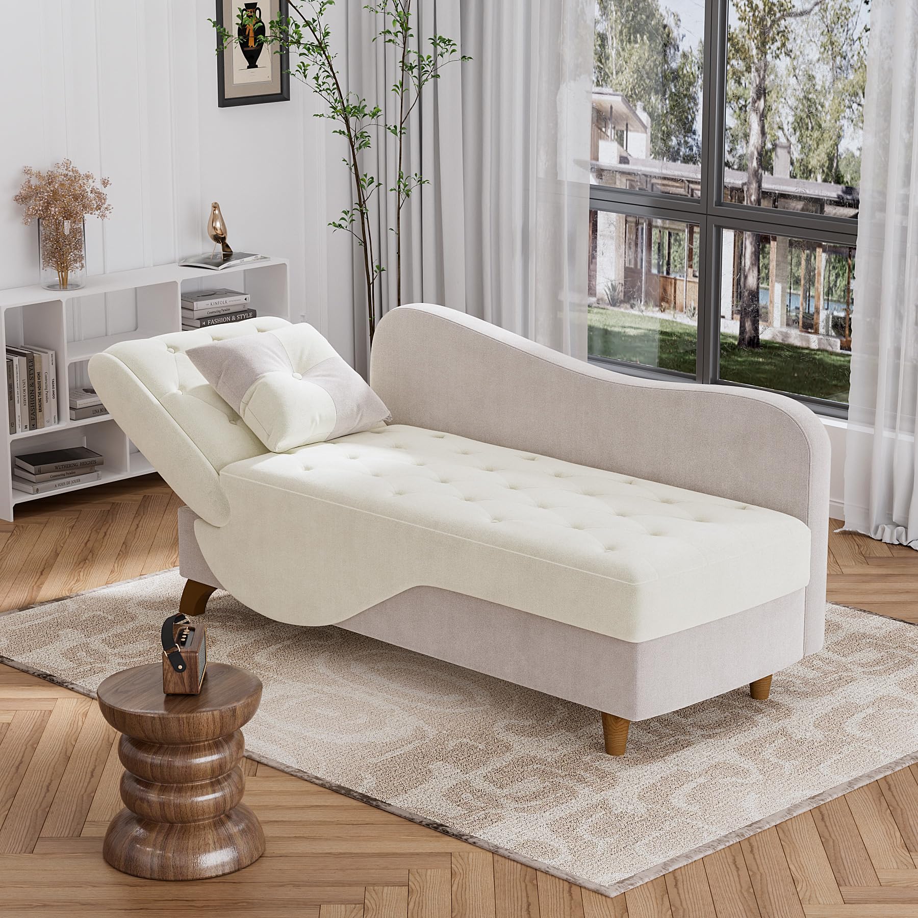 OUYESSIR Velvet Adjustable Recliner Chaise Lounge Chair with Storage & Pillow - Button Tufted Upholstered Sofa for Living Room, Bedroom, Office - Beige Gray - Perfect for Relaxing, Reading & Small Space Living