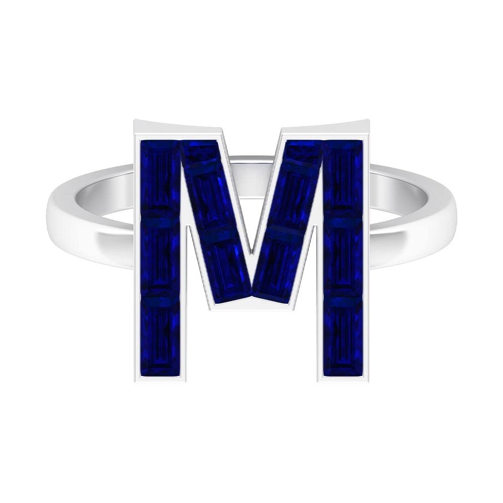Lab Created Blue Sapphire Alphabet Initial Rings A-Z | 14K White Gold Baguette Letter Rings | Personalized Name Jewelry for Women | Perfect for Birthdays, Anniversaries & Gifts